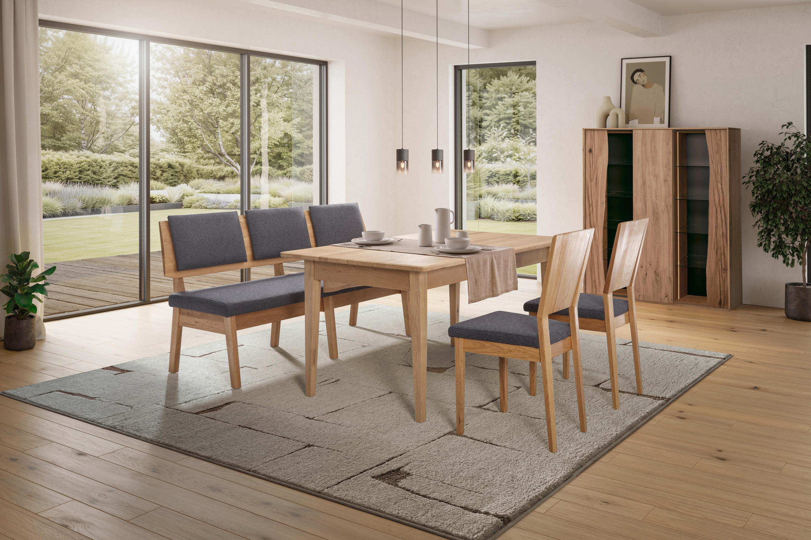 TISCHGRUPPE in Holz, Textil Anthrazit, Wildeiche  - Wildeiche/Anthrazit, Natur, Holz/Textil - Linea Natura