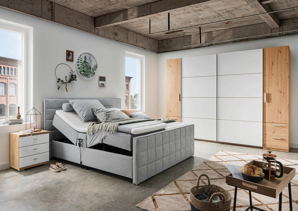 POLSTERBETT 180/200 cm, inkl. gepolstertes Kopfteil, Topper, motorische Verstellbarkeit,  in Hellgrau  - Hellgrau/Schwarz, Design, Kunststoff/Textil (180/200cm) - Esposa