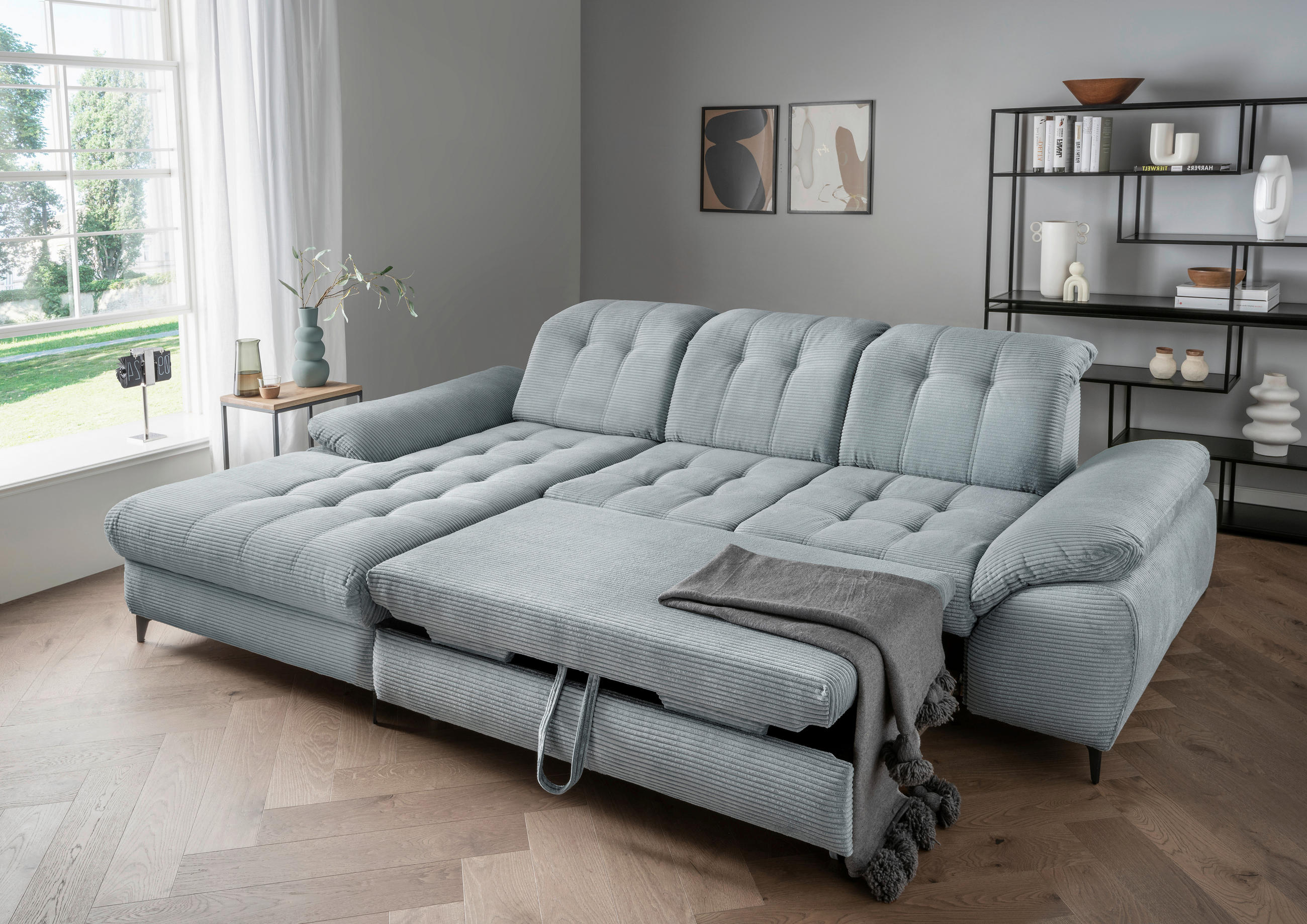 ECKSCHLAFSOFA Cord Hellblau  - Schwarz/Hellblau, MODERN, Textil/Metall (189/273cm) - Livetastic