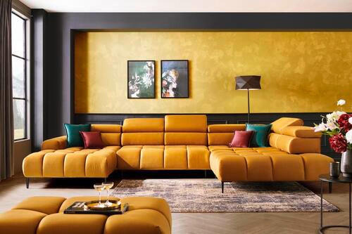 ECKSOFA in Webstoff Currygelb  - Currygelb/Schwarz, Design, Textil/Metall (216/385/177cm) - Welnova