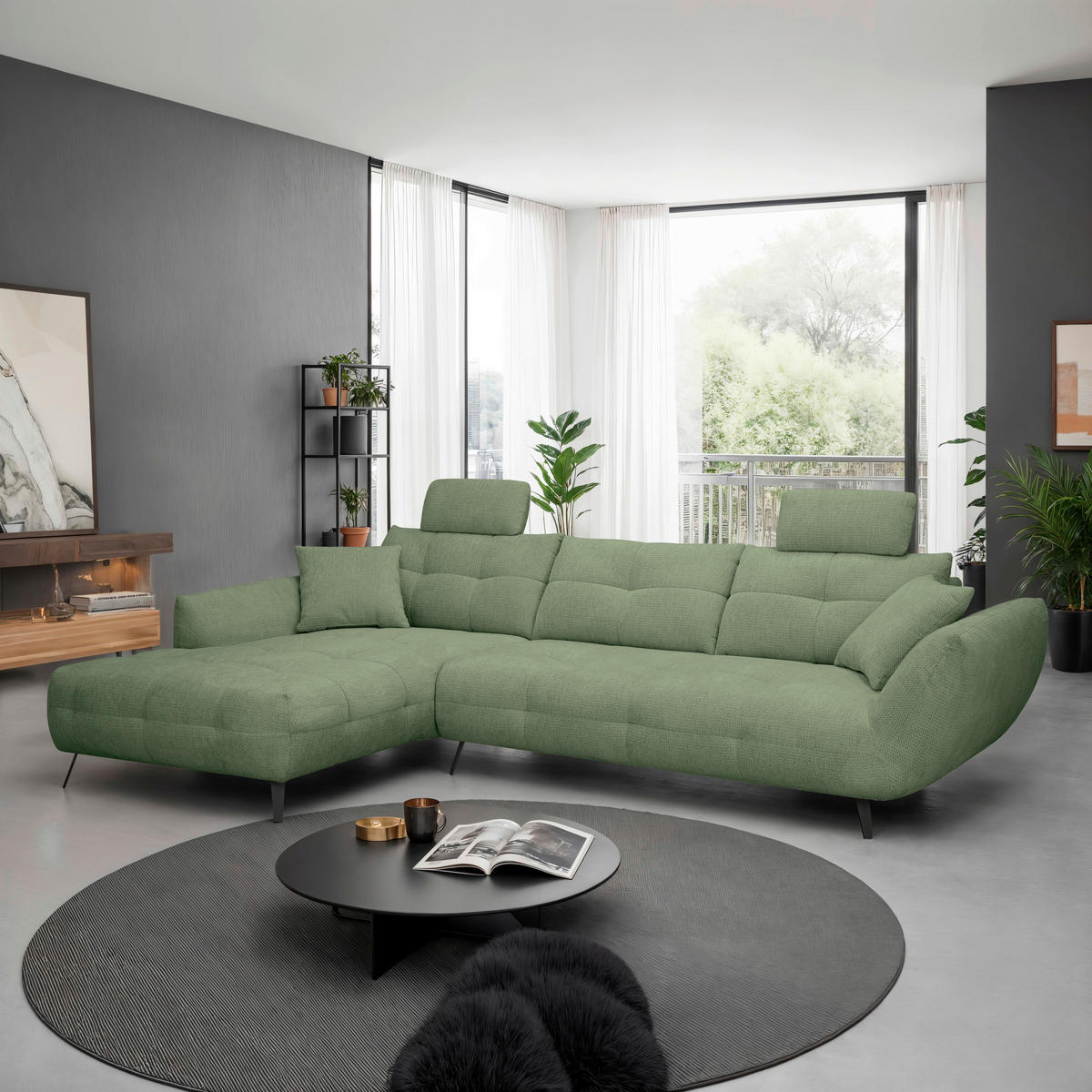 ECKSOFA Salbeigrün Chenille Armlehnenkissen, Rücken echt, Sitztiefenverstellung  - Salbeigrün/Schwarz, KONVENTIONELL, Textil/Metall (215/313cm) - Hom`in