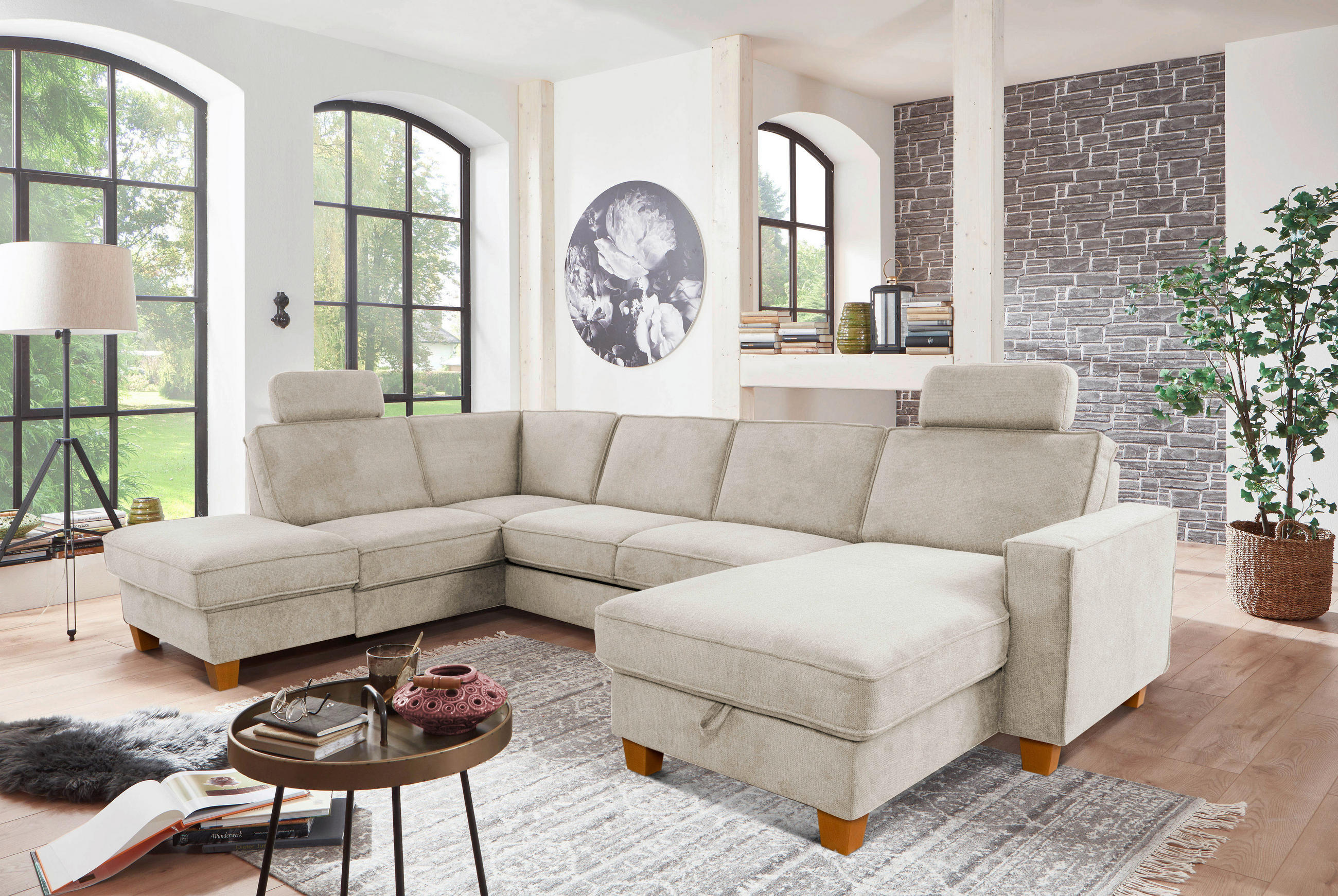 WOHNLANDSCHAFT Creme Flachgewebe  - Eichefarben/Creme, KONVENTIONELL, Holz/Textil (213/309/161cm) - Sit & More