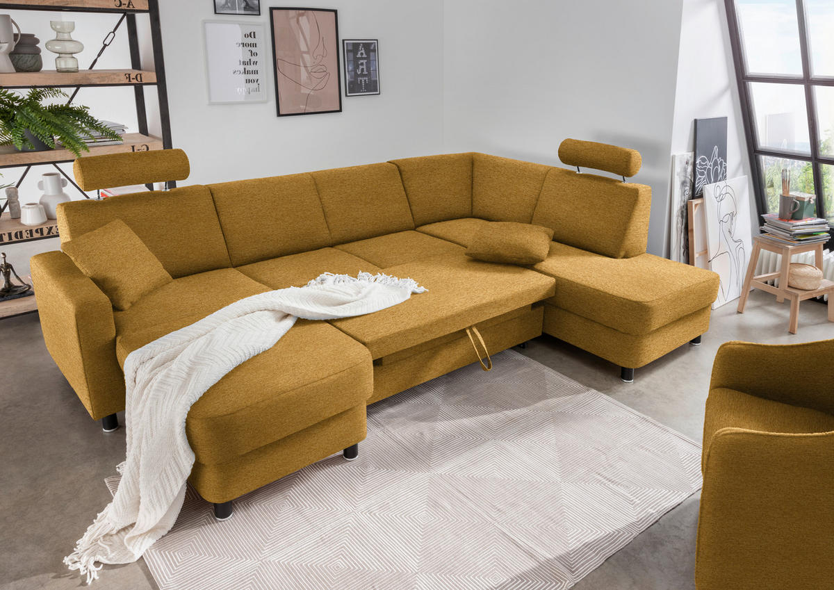 WOHNLANDSCHAFT in Webstoff Honig  - Schwarz/Honig, Design, Holz/Textil (165/296/198cm) - Xora