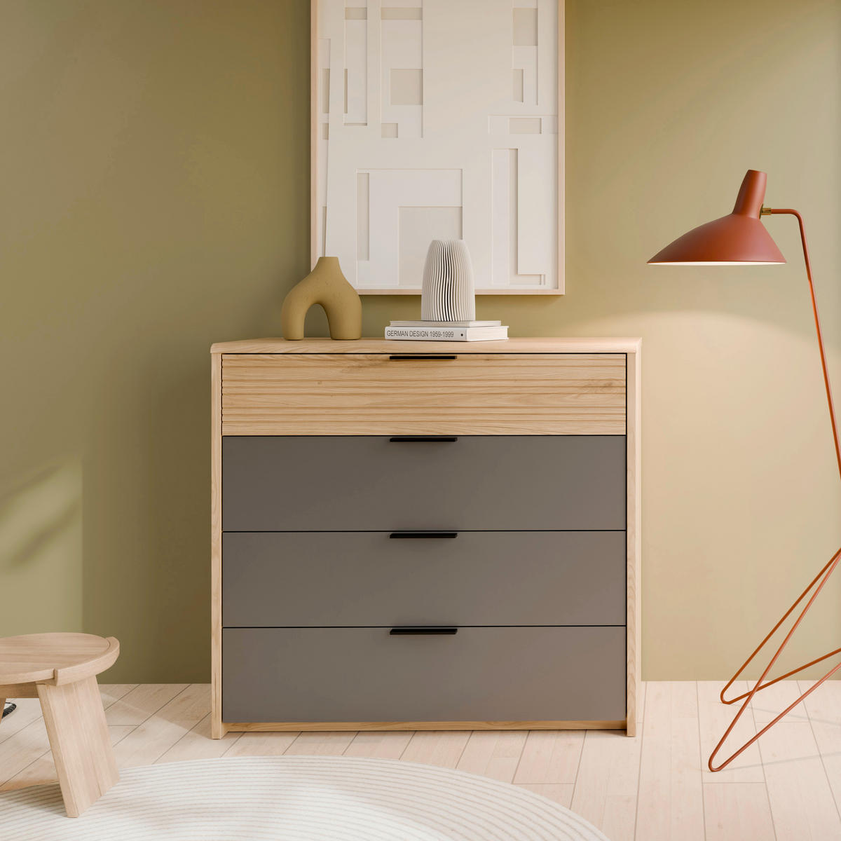 KOMODA   99,5/92,7/42,2 cm   siva, boje hrasta  - siva/boje hrasta, Moderno, drvni materijal/metal (99,5/92,7/42,2cm) - Hom`in