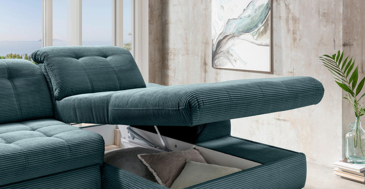ECKSCHLAFSOFA in Cord Petrol  - Petrol/Schwarz, Modern, Textil/Metall (273/189cm) - Livetastic