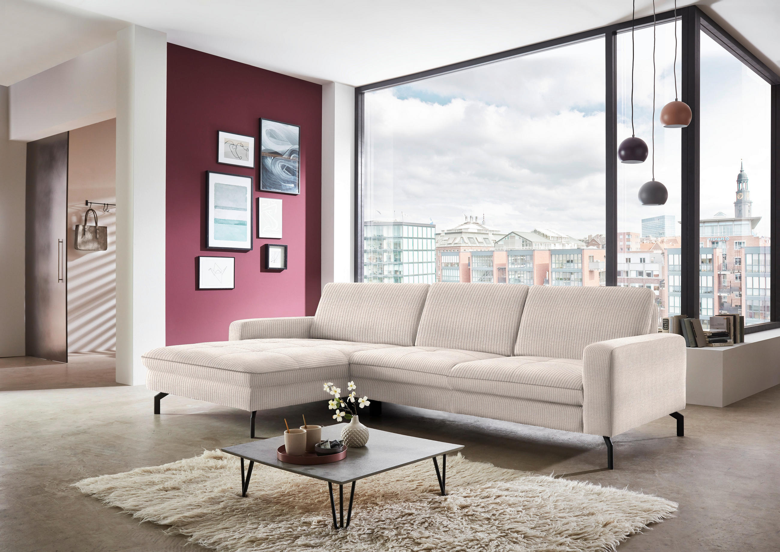 ECKSOFA in Cord Hellbraun  - Hellbraun/Schwarz, Design, Textil/Metall (178/302cm) - Beldomo Style