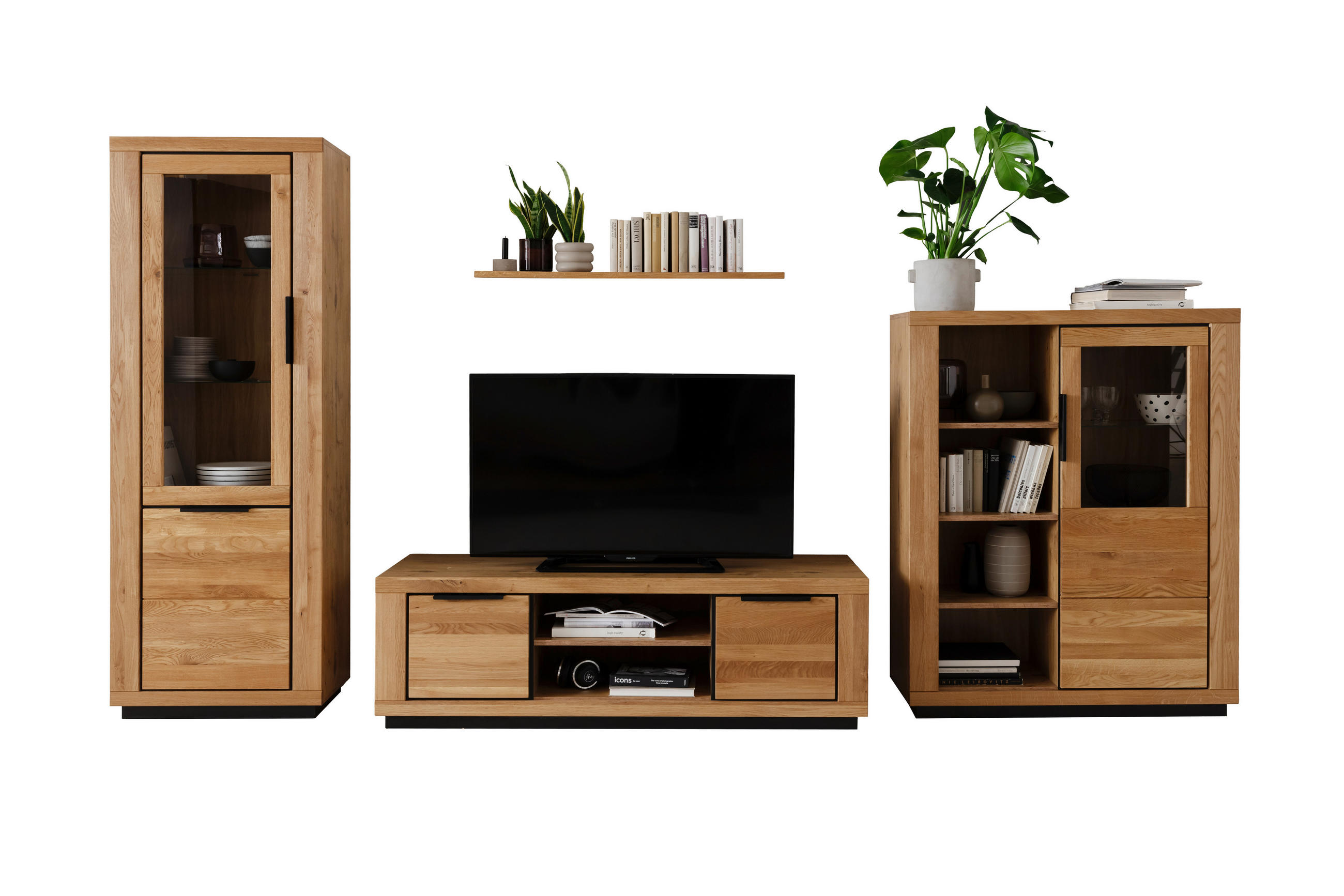 WOHNWAND 4-teilig  in Wildeiche  387/200/54 cm  - Wildeiche/Schwarz, Design, Glas/Holz (387/200/54cm) - MID.YOU