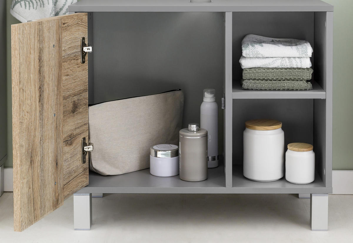 WASCHBECKENUNTERSCHRANK 65,5/58,5/33,5 cm  - Eichefarben/Silberfarben, KONVENTIONELL, Holzwerkstoff/Metall (65,5/58,5/33,5cm) - Stylife