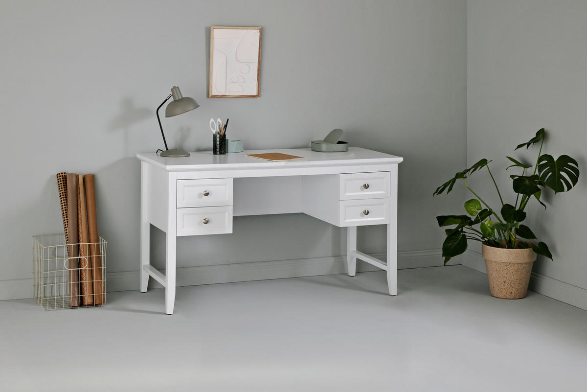 SCHREIBTISCH 130/59,6/76 cm  in Weiss  - Weiss/Alufarben, Modern, Holzwerkstoff/Metall (130/59,6/76cm) - Novel