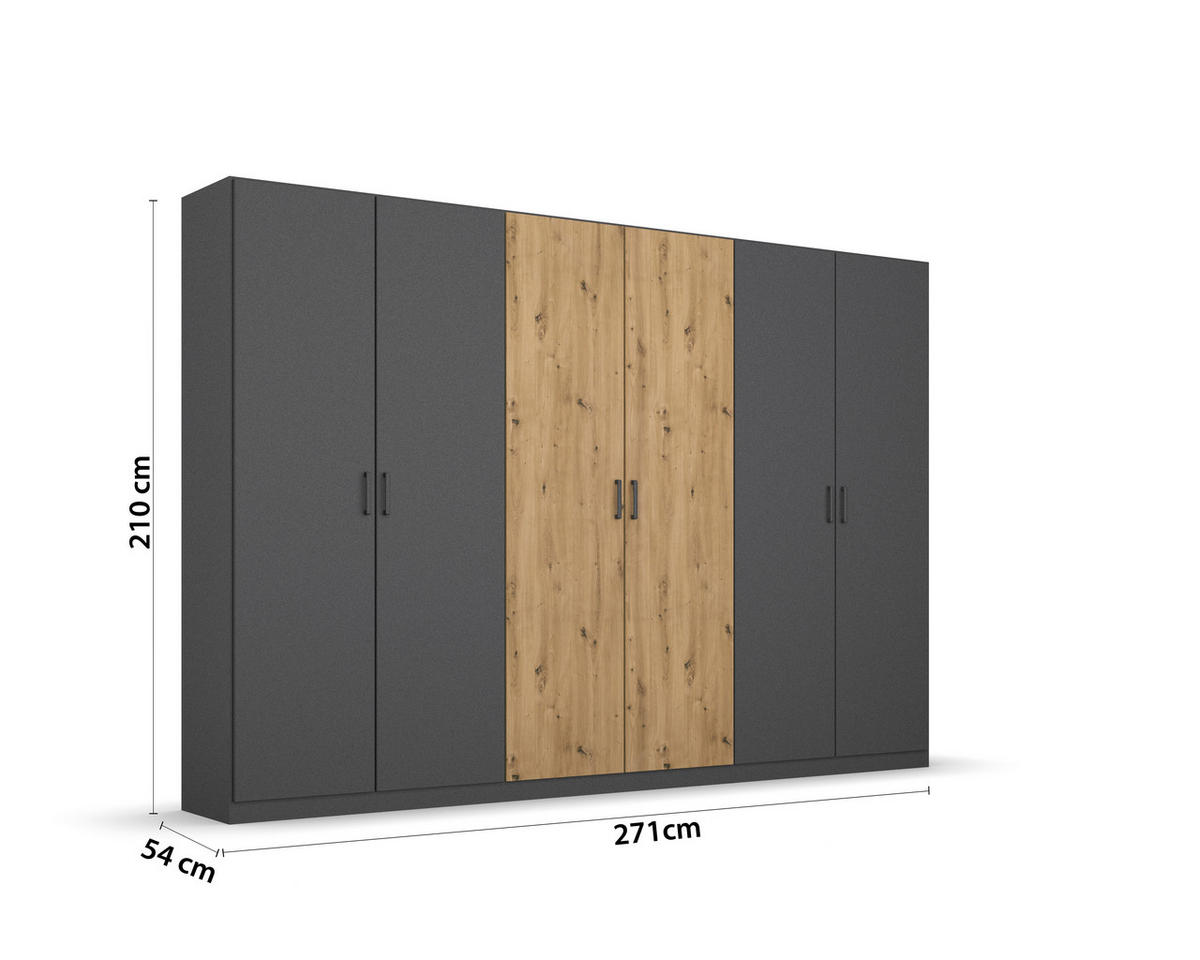 DREHTÜRENSCHRANK  in Grau, Eiche Artisan  - Eiche Artisan/Grau, MODERN, Holzwerkstoff/Kunststoff (271/210/54cm) - Rauch Möbel