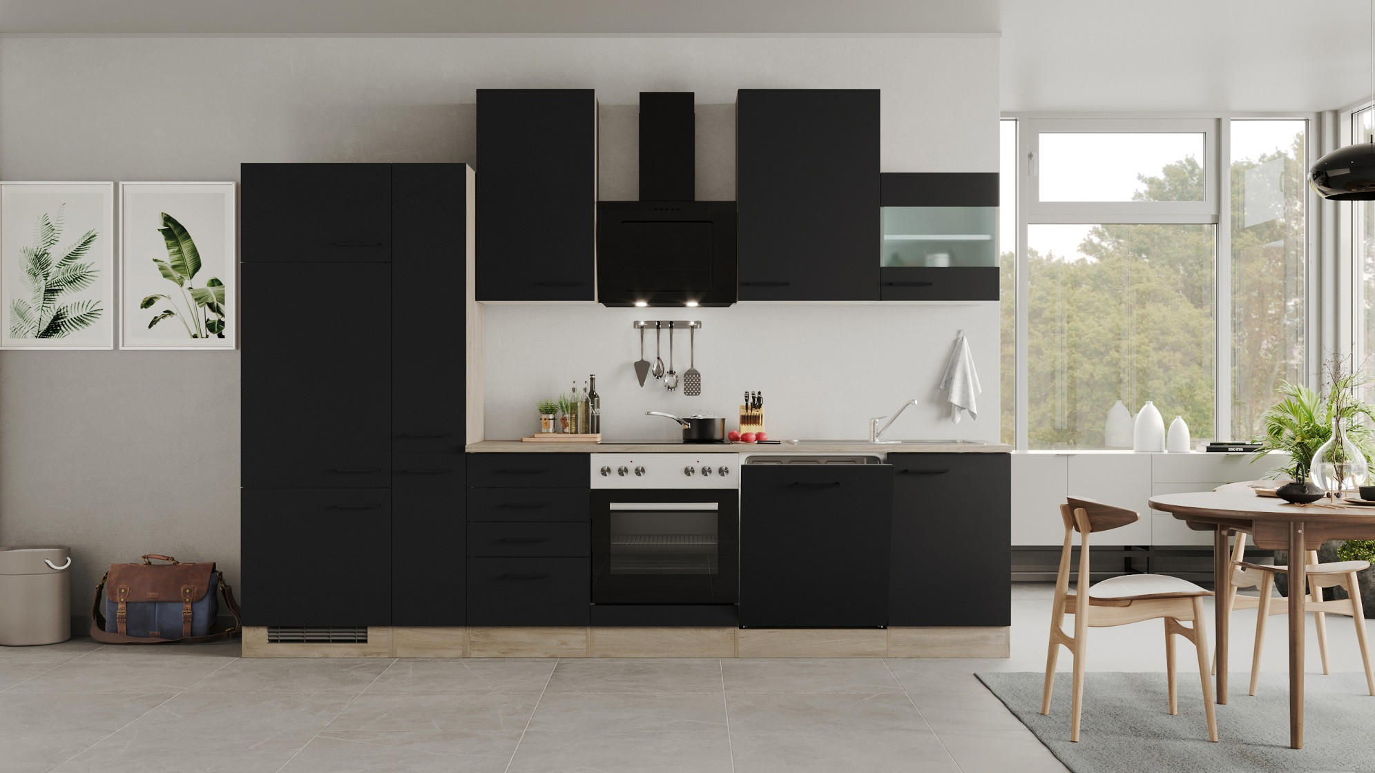 KÜCHENBLOCK 310 cm   in Schwarz, Eichefarben  - Eichefarben/Schwarz, MODERN, Holzwerkstoff/Metall (310cm) - FlexWell