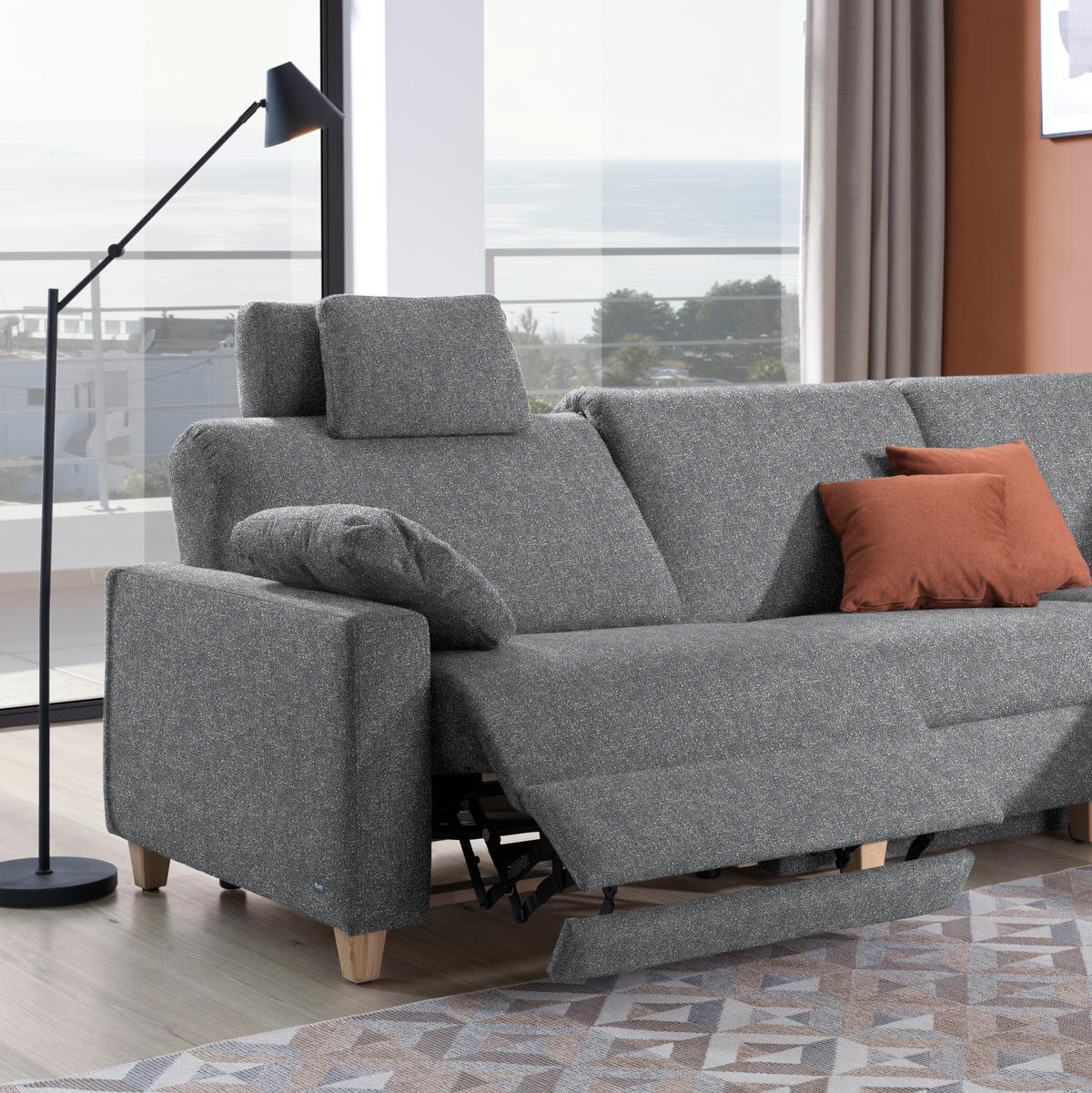 ECKSOFA  in Mikrovelours Grau  261/203 cm  - Eichefarben/Grau, KONVENTIONELL, Holz/Textil (261/203cm) - Sedda