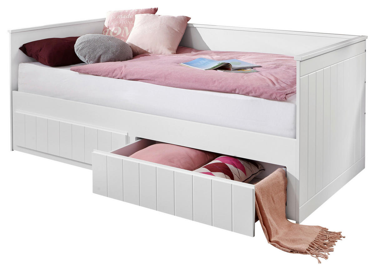 AUSZIEHBETT 90/200 cm,  in Weiß, Lattenrost, Bettkasten  - Weiß, MODERN, Holzwerkstoff (90/200cm) - MID.YOU