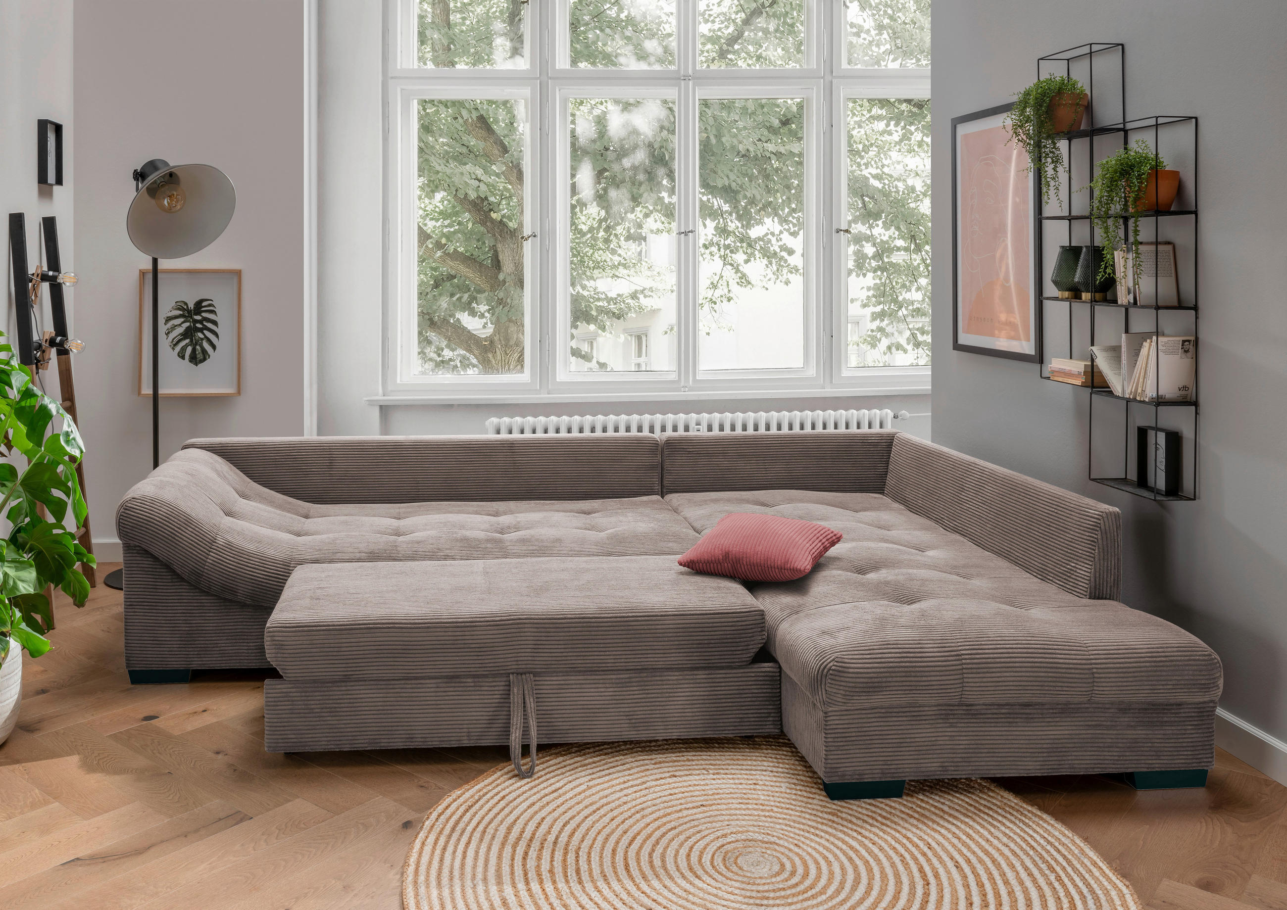 ECKSOFA in Cord Taupe  - Taupe/Koralle, Design, Holz/Textil (298/202cm) - MID.YOU