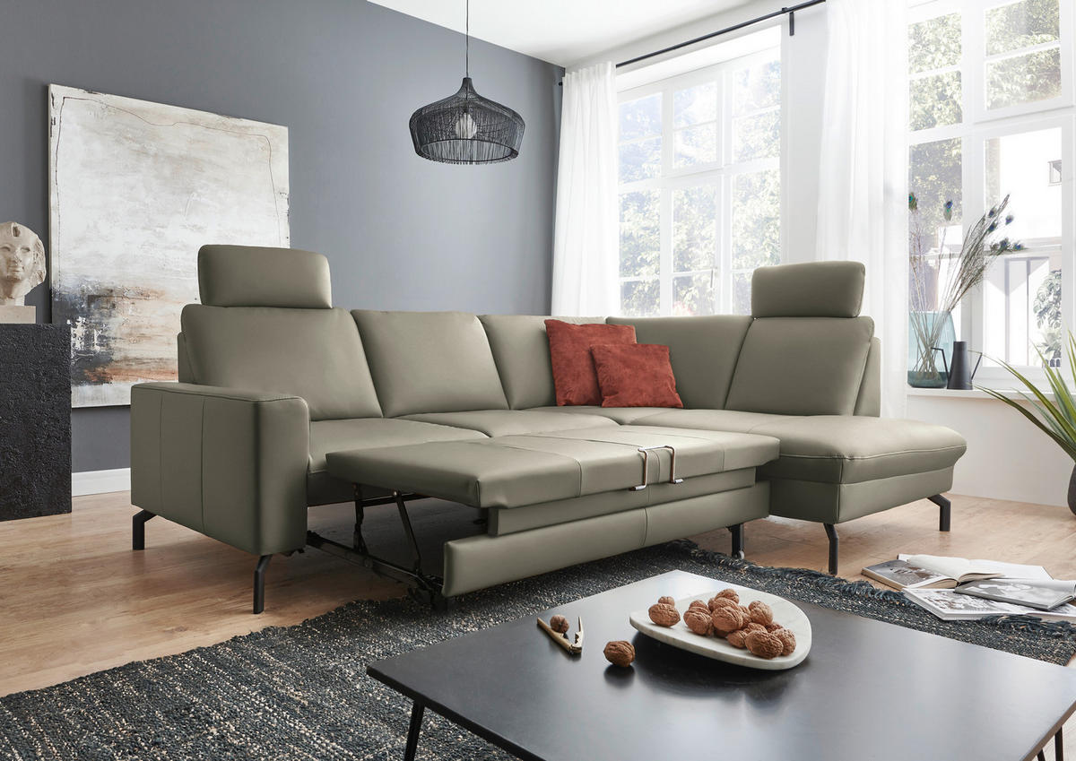 ECKSOFA in Echtleder Hellgrau  - Hellgrau/Schwarz, Design, Leder/Metall (250/194cm) - Beldomo Premium