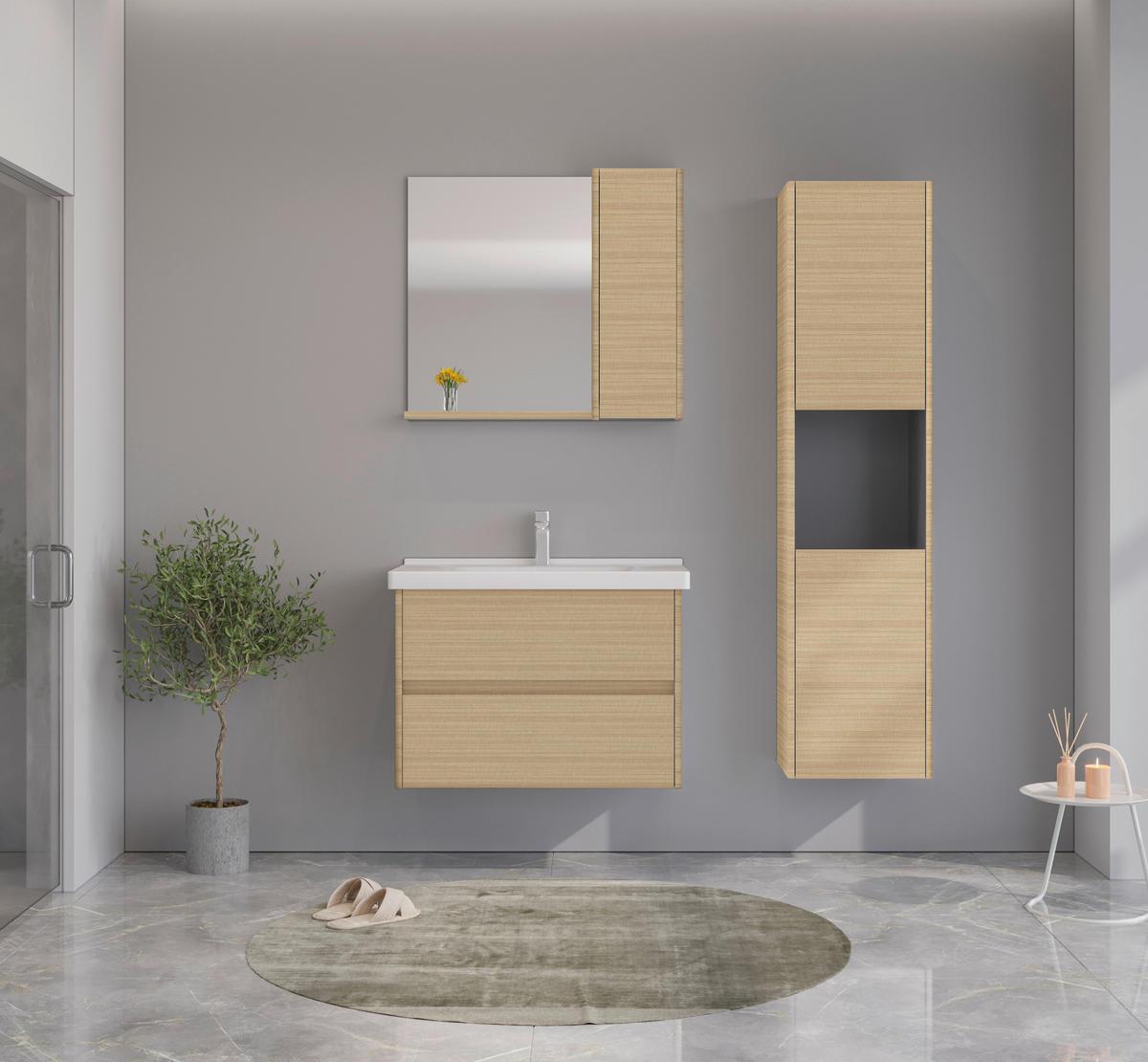 BADEZIMMER 3-teilig  in  - Eichefarben/Weiß Hochglanz, MODERN, Glas/Keramik (80/119/45cm) - MID.YOU