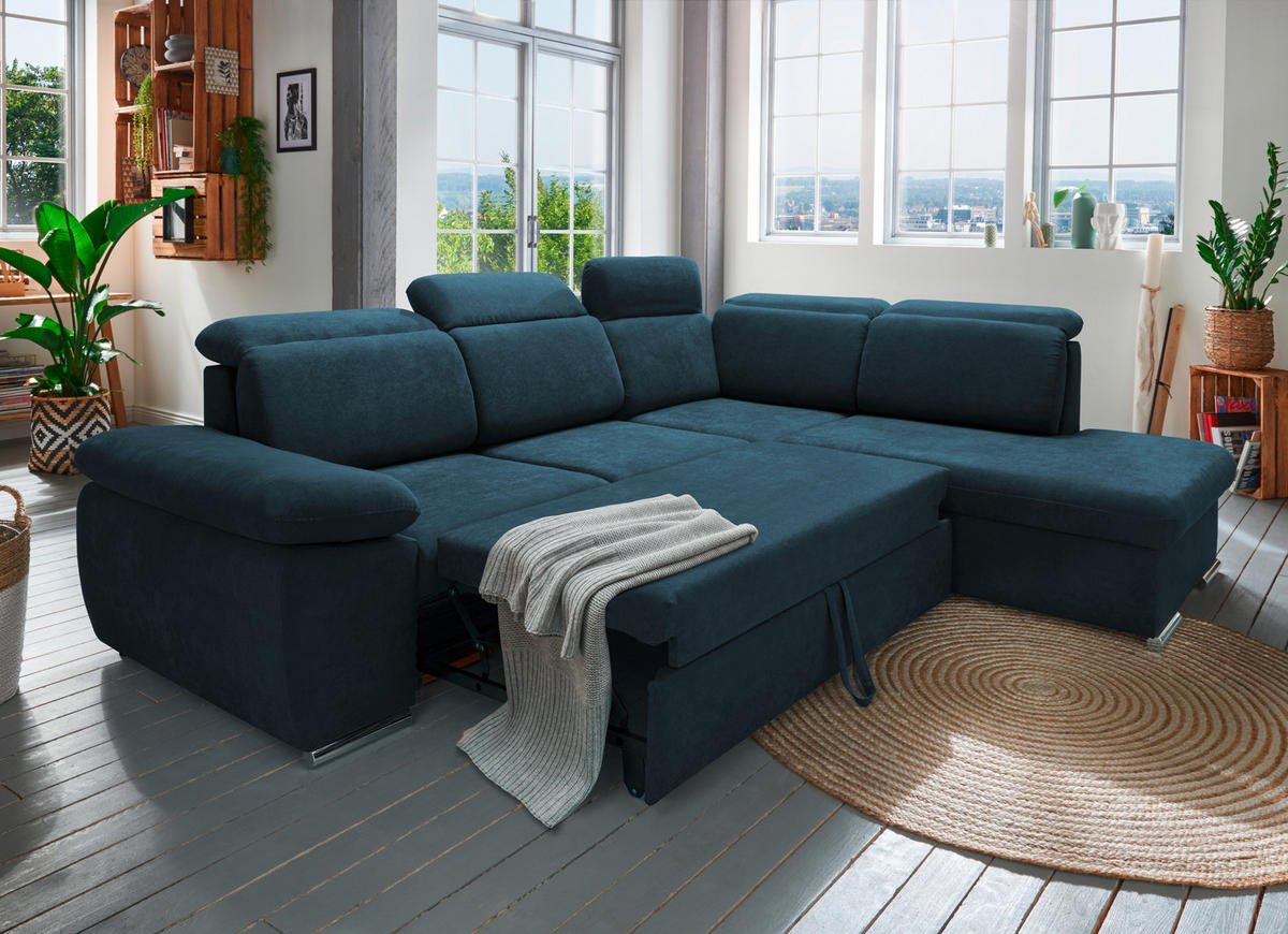 ECKSOFA Dunkelblau Mikrofaser  - Chromfarben/Dunkelblau, Design, Textil/Metall (283/228cm) - Livetastic