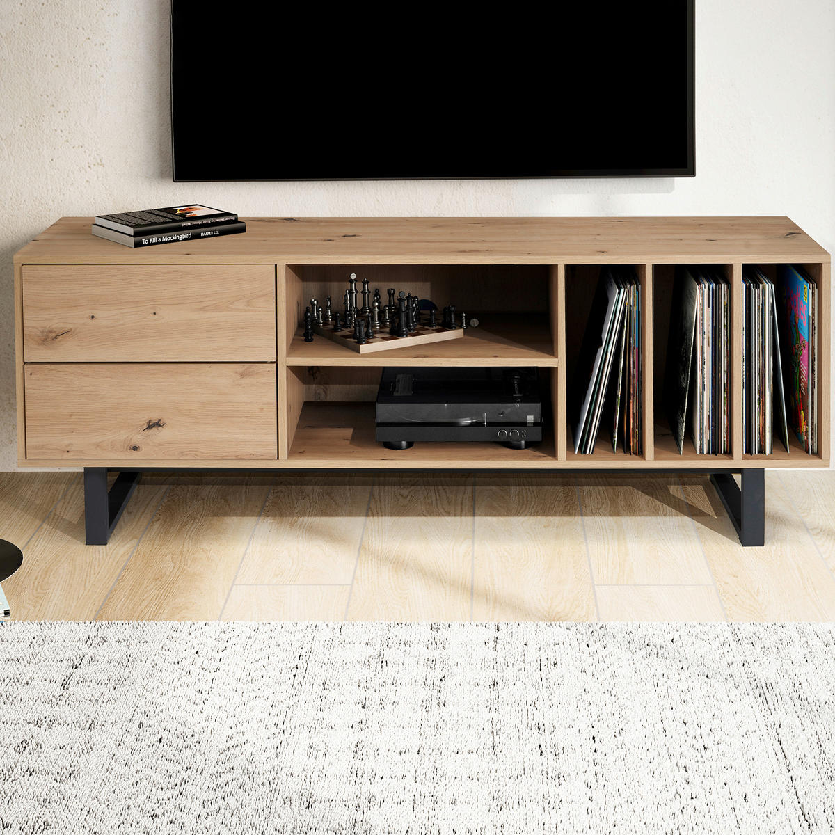 NIZKA OMARICA barve hrasta  - črna/barve hrasta, Design, kovina/leseni material (150/55/40cm) - Livetastic