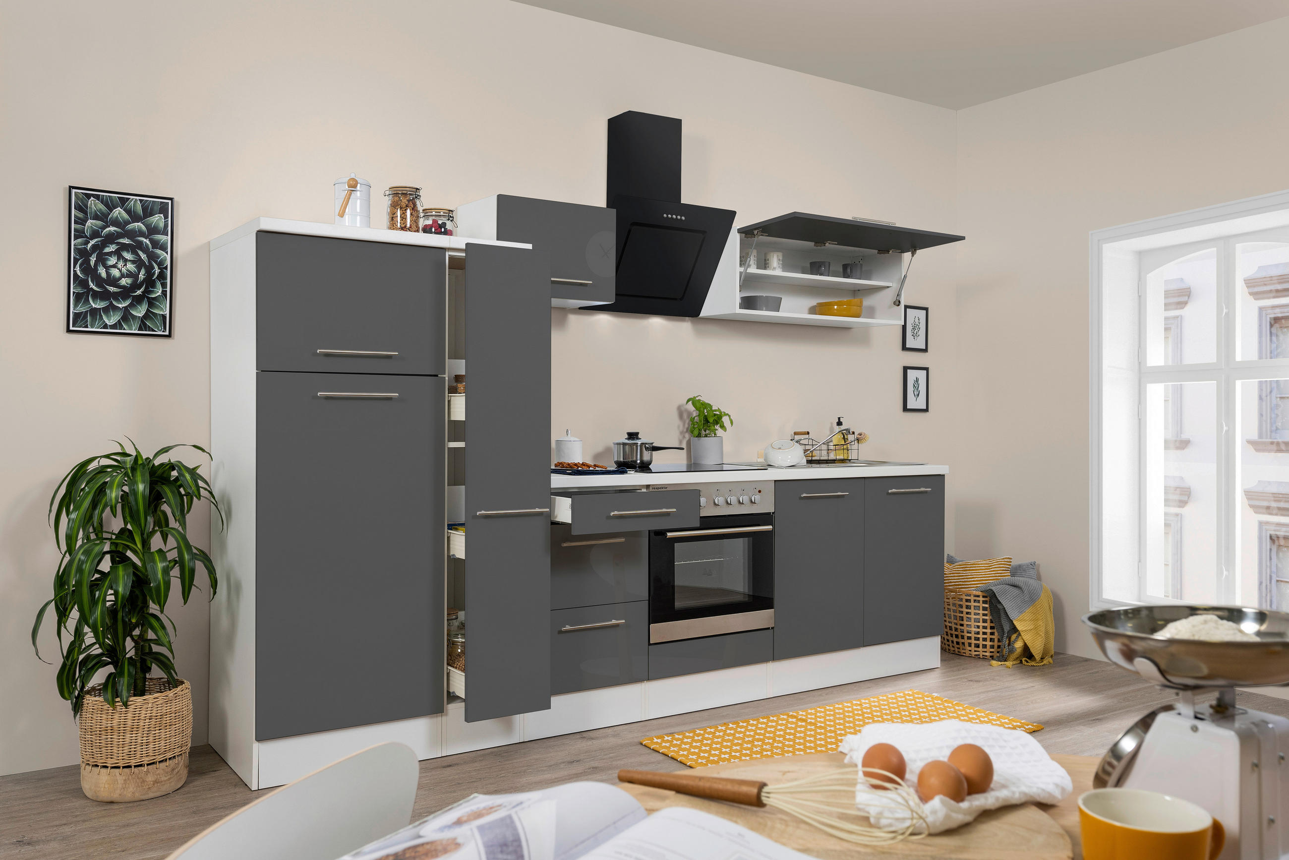 KÜCHENBLOCK 300 cm Grau, Weiß E-Geräte, Spüle, Soft-Close-System, Ab- und Überlaufgarnitur, Herdanschlusskabel - Edelstahlfarben/Weiß, KONVENTIONELL, Metall (300cm) - Respekta