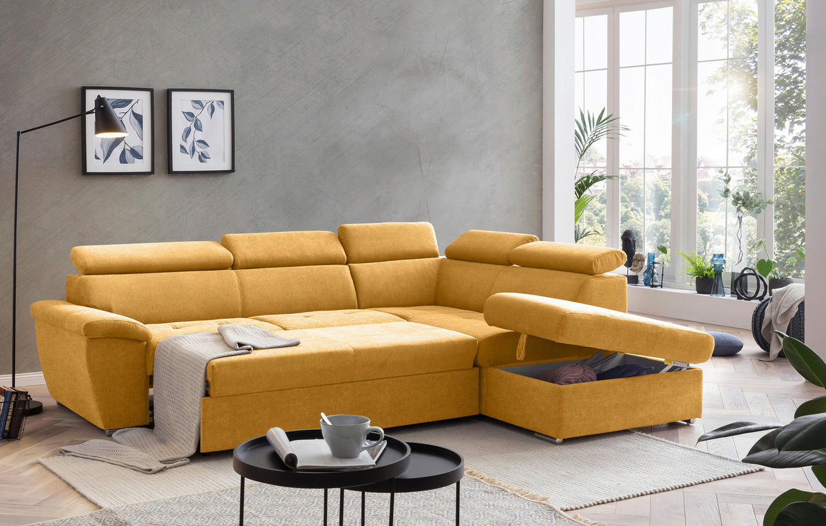 ECKSOFA Currygelb Chenille  - Chromfarben/Currygelb, Design, Textil/Metall (262/216cm) - Livetastic