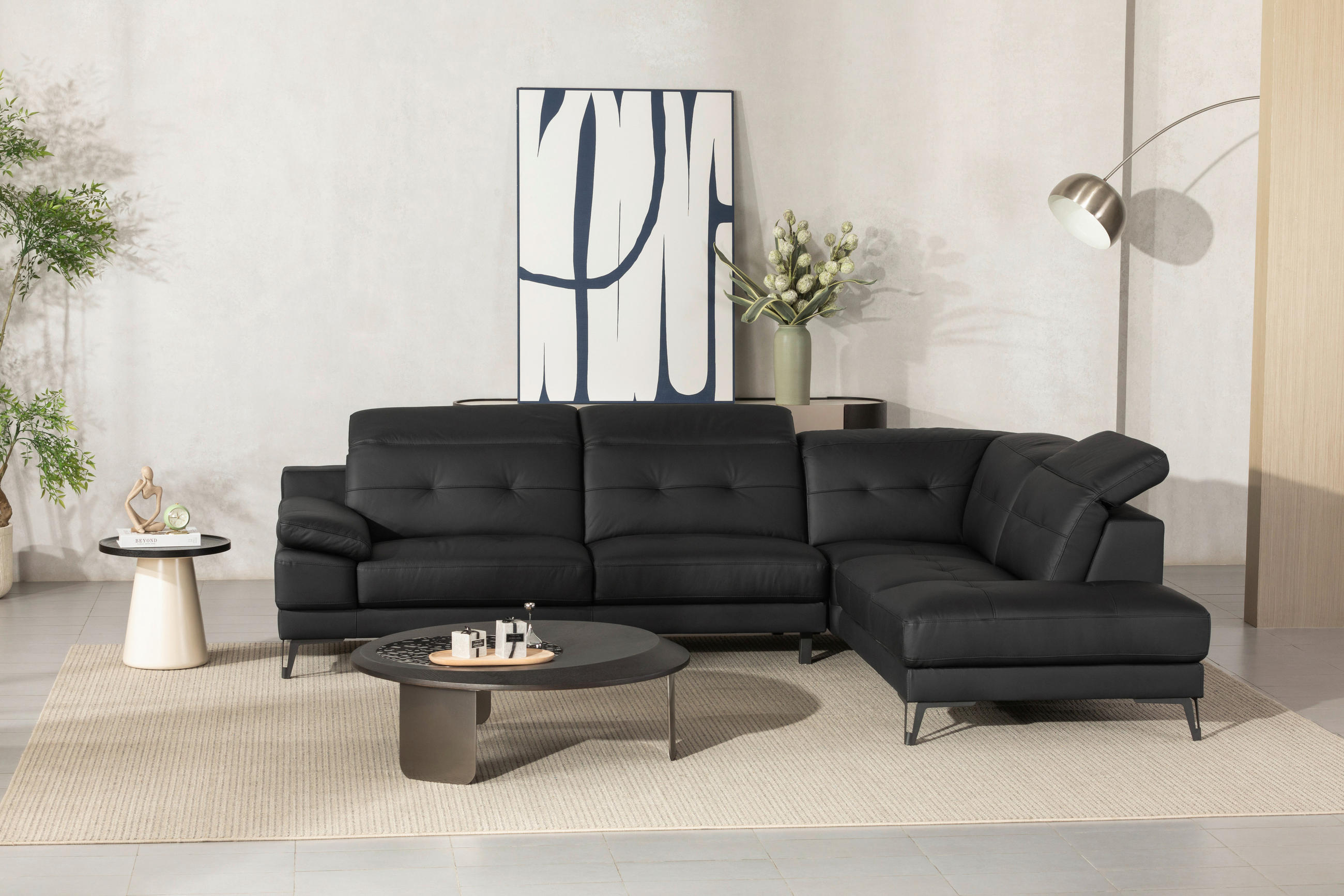ECKSOFA Schwarz Echtleder  - Schwarz, MODERN, Leder/Metall (287/224cm) - MID.YOU