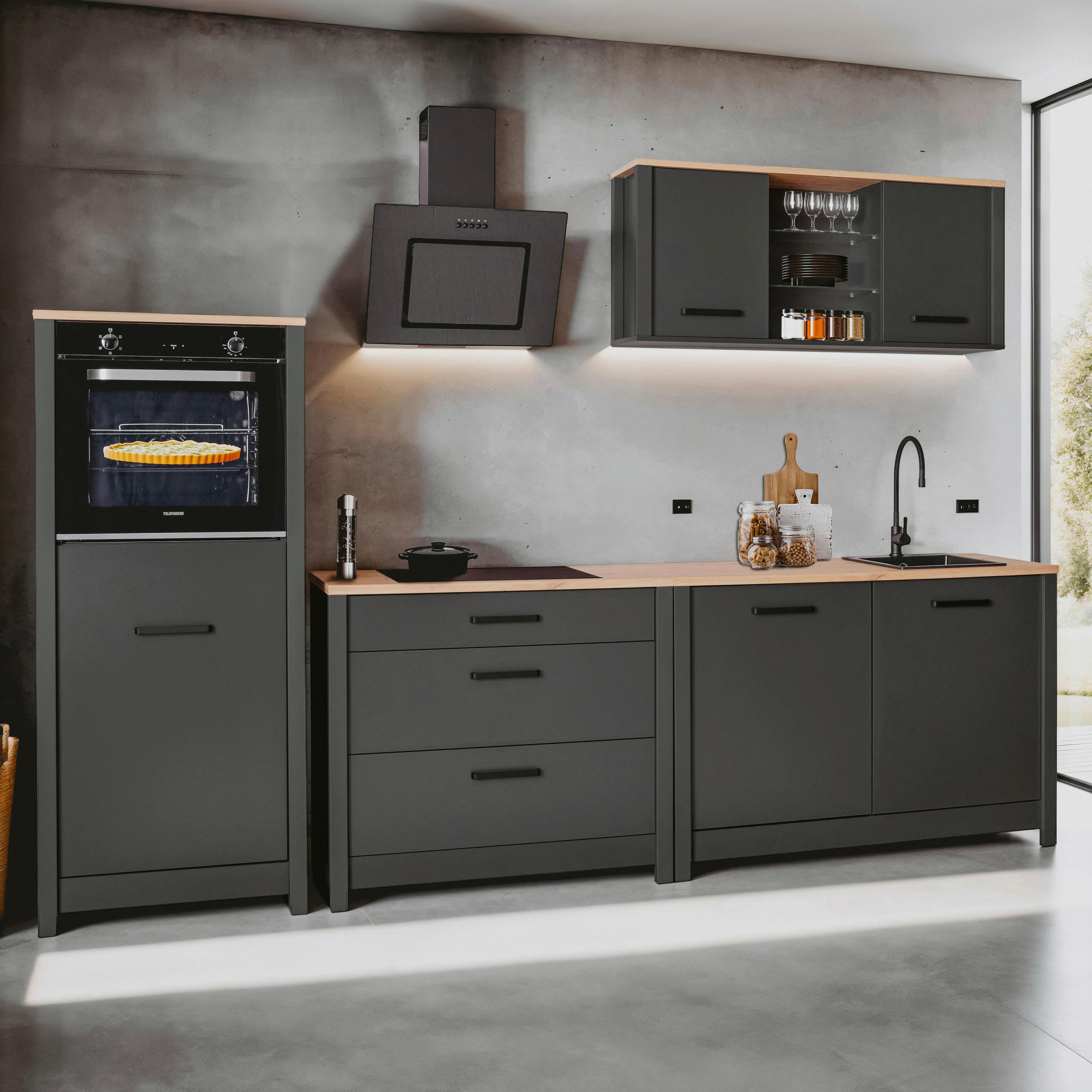 KÜCHENLEERBLOCK 300 cm   in Anthrazit, Eiche Artisan  - Anthrazit/Schwarz, MODERN, Glas/Holzwerkstoff (300cm) - home24