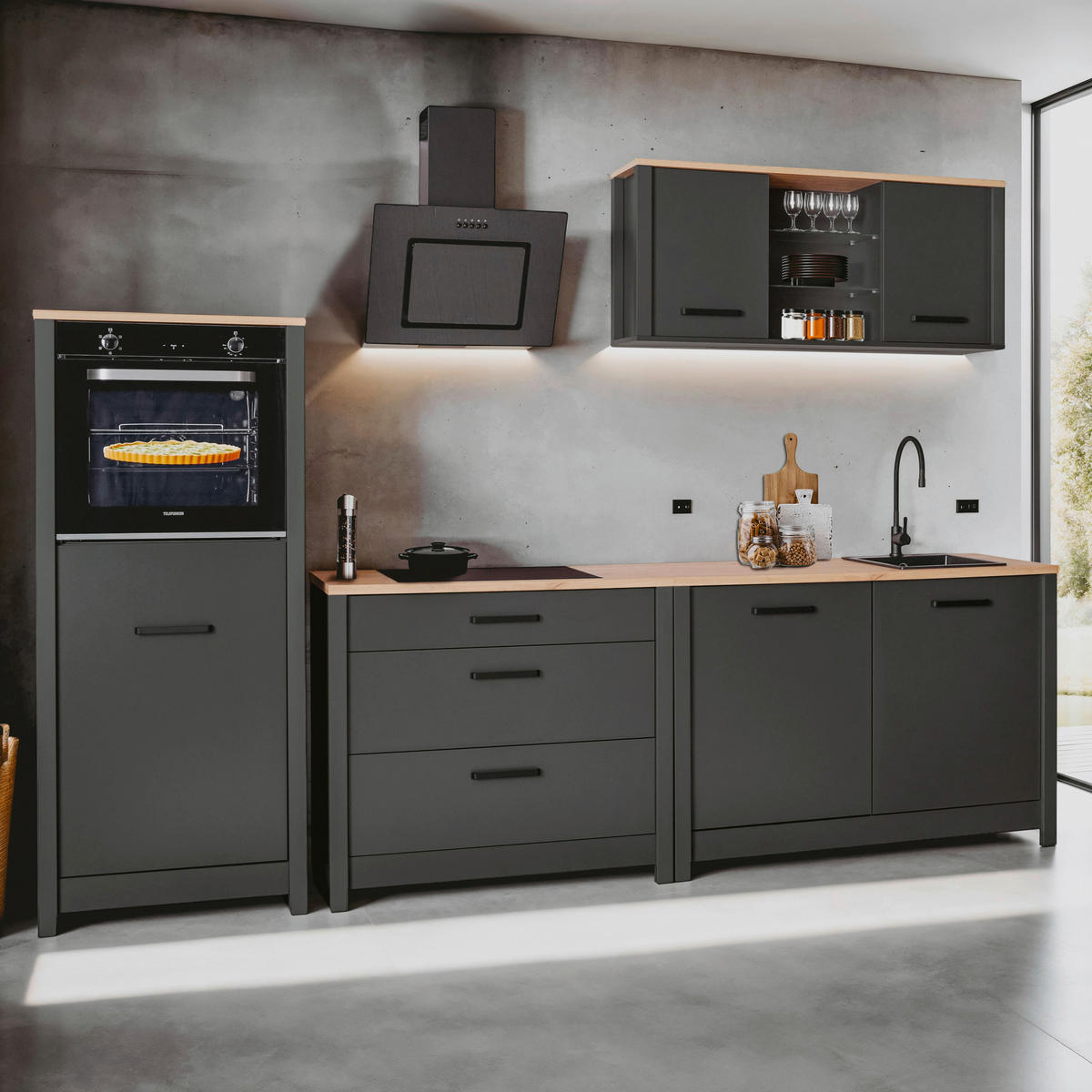 KÜCHENLEERBLOCK 300 cm   in Anthrazit, Eiche Artisan  - Anthrazit/Schwarz, MODERN, Glas/Holzwerkstoff (300cm) - home24