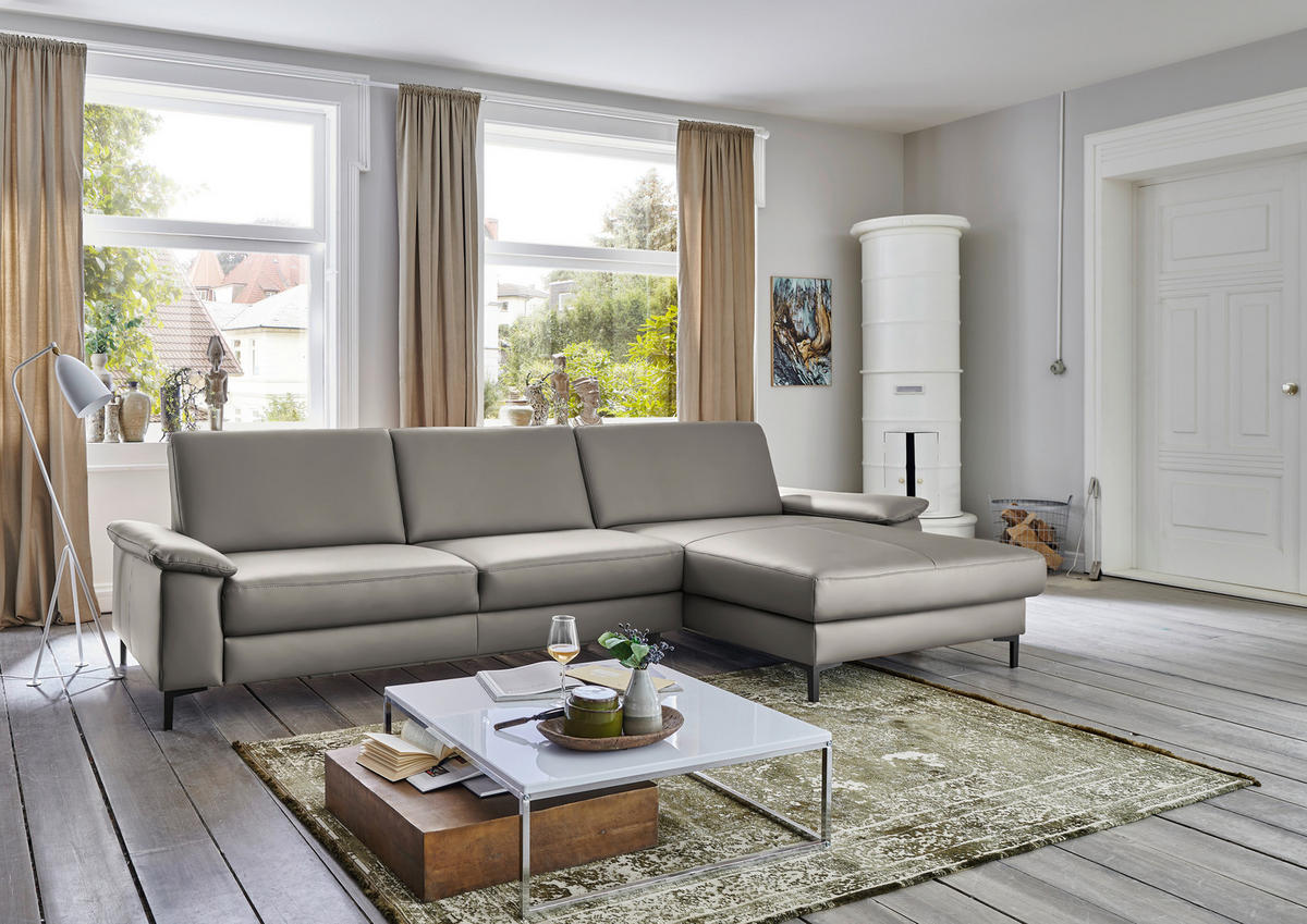 ECKSOFA in Echtleder Hellgrau  - Hellgrau/Schwarz, Design, Leder/Metall (334/176cm) - Dieter Knoll