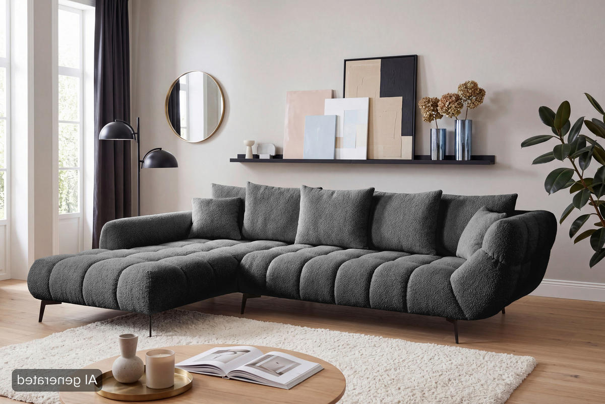 ECKSOFA Schwarz Bouclé Zierkissen, Rückenkissen, Rücken echt  - Schwarz, MODERN, Textil/Metall (217/318cm) - Carryhome
