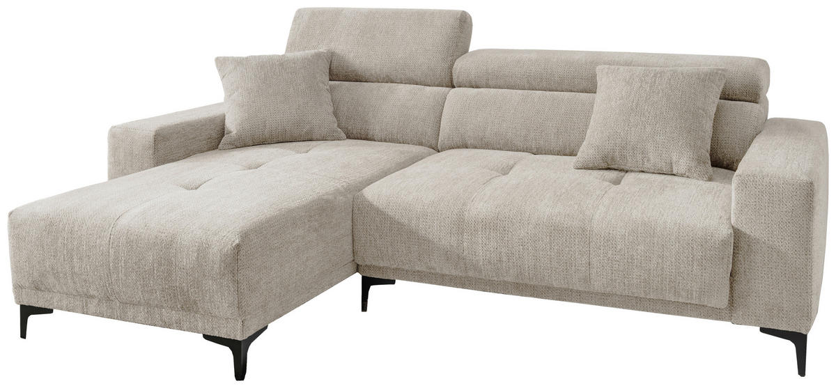 ECKSOFA ORIO Naturfarben Chenille Zierkissen, Kopfteilverstellung, Sitzvorzug  - Schwarz/Naturfarben, Basics, Textil/Metall (183/250cm) - Livetastic