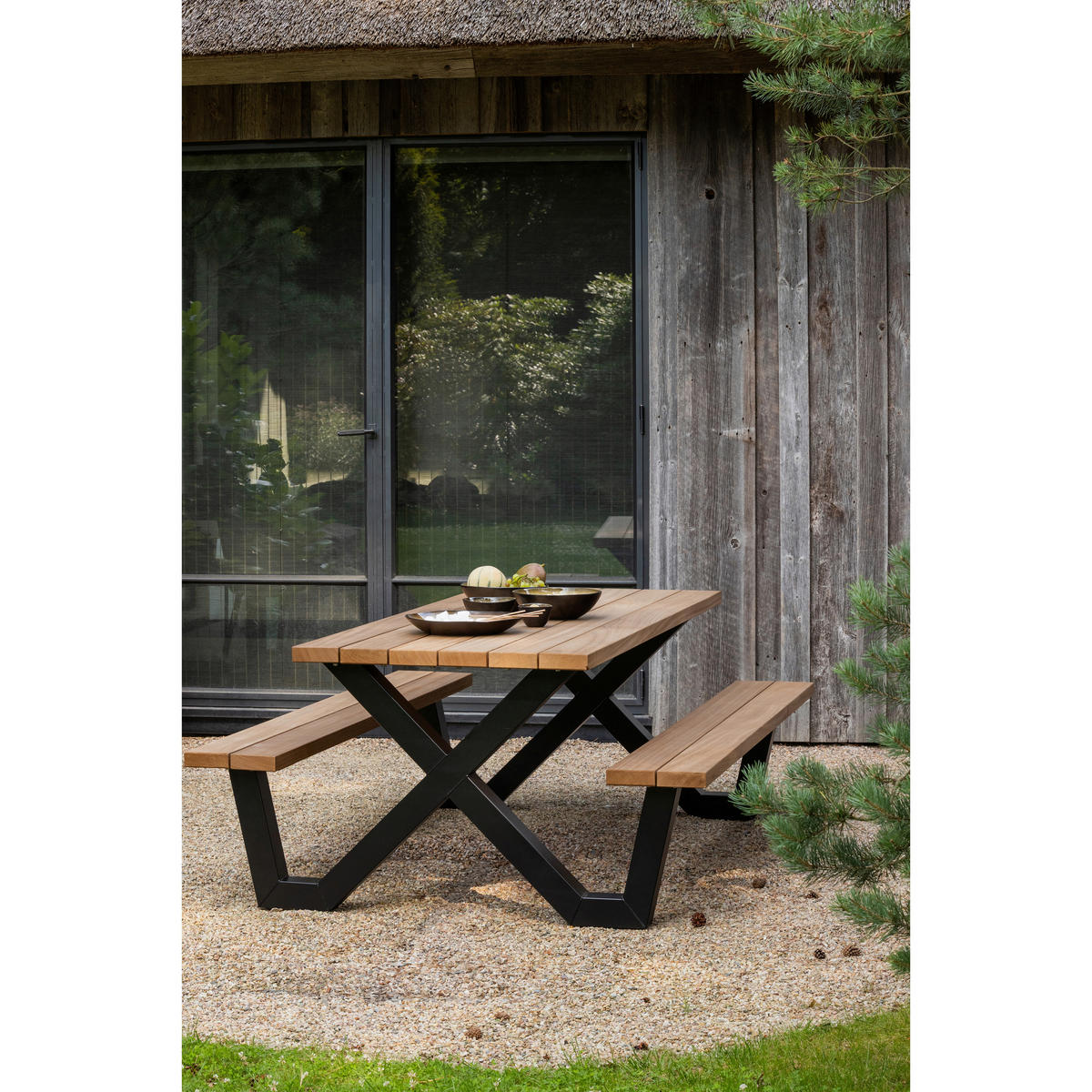 GARTENTISCHGRUPPE Abachivollmassiv  - Schwarz/Naturfarben, MODERN, Holz (206/145/75cm) - Livetastic