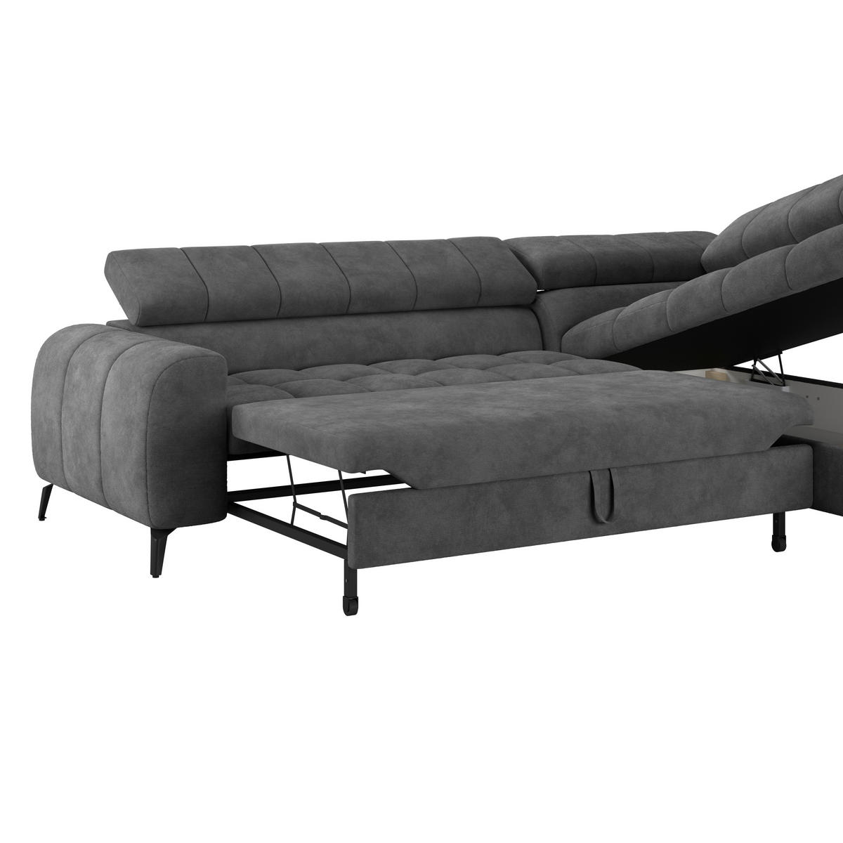 ECKSOFA Dunkelgrau Bettkasten, Rücken echt, Kopfteilverstellung  - Dunkelgrau/Schwarz, Trend, Kunststoff/Textil (261/203cm) - Livetastic
