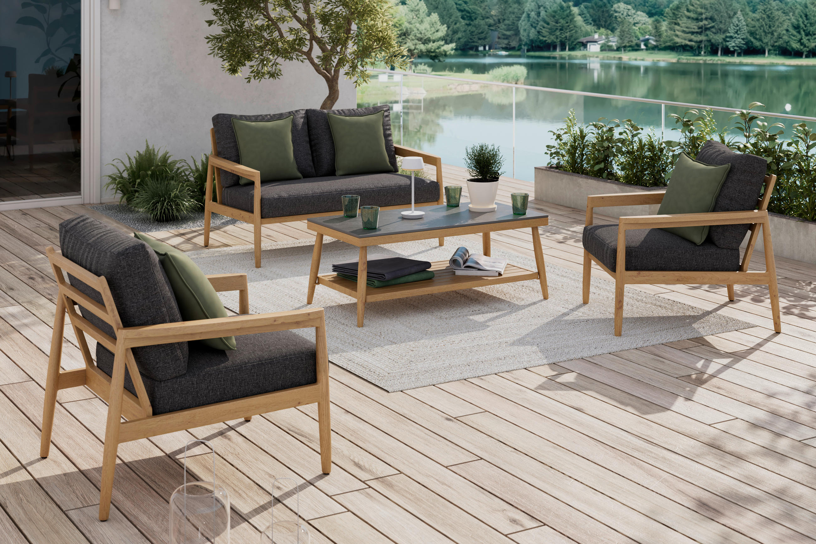 LOUNGEGARNITUR Aluminium  - Anthrazit/Teakfarben, MODERN, Textil/Stein (110/135/76cm) - Ambia Garden