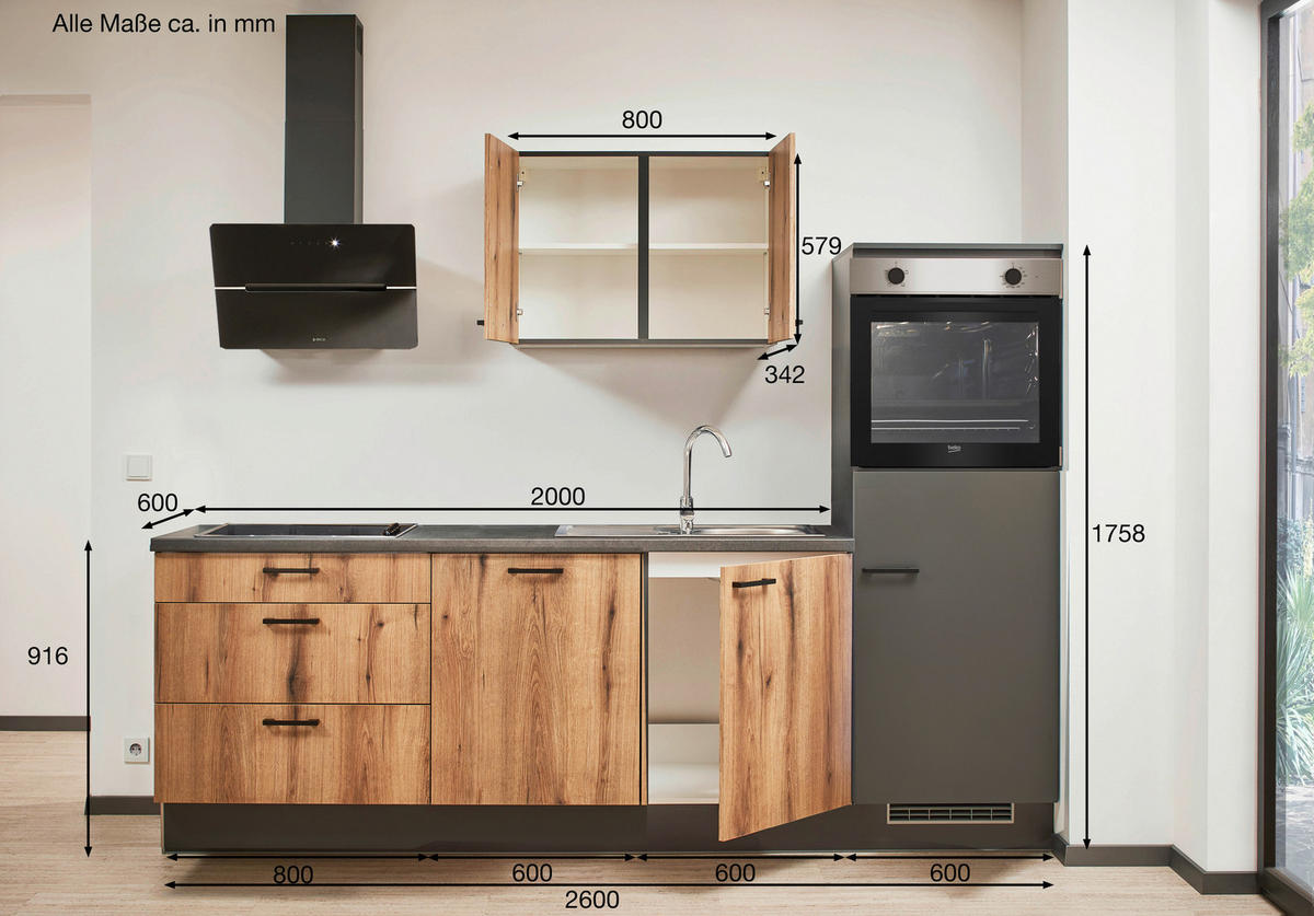 KÜCHENBLOCK 260 cm   in Graphitfarben, Eichefarben  - Eichefarben/Lavagrau, Design, Holzwerkstoff/Metall (260cm) - Pino