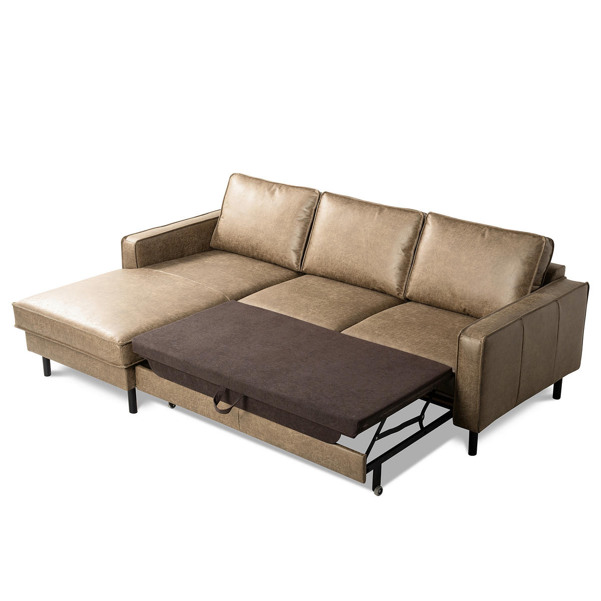 ECKSOFA Graubraun Echtleder Lederlook Bettkasten, Schlaffunktion, Rücken echt  - Graubraun/Schwarz, Design, Leder/Textil (166/238cm) - Livetastic