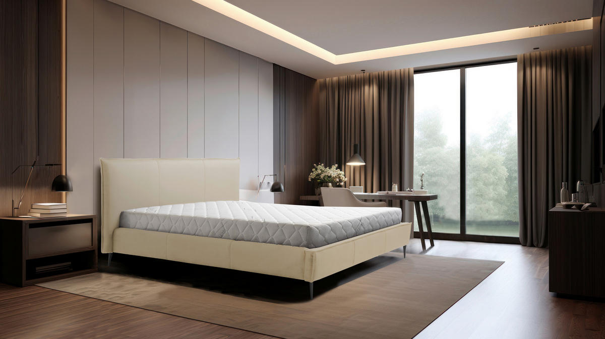 POLSTERBETT 140/200 cm,  in Beige, gepolstertes Kopfteil,  - Beige/Schwarzchrom, KONVENTIONELL, Leder/Metall (140/200cm) - Esposa