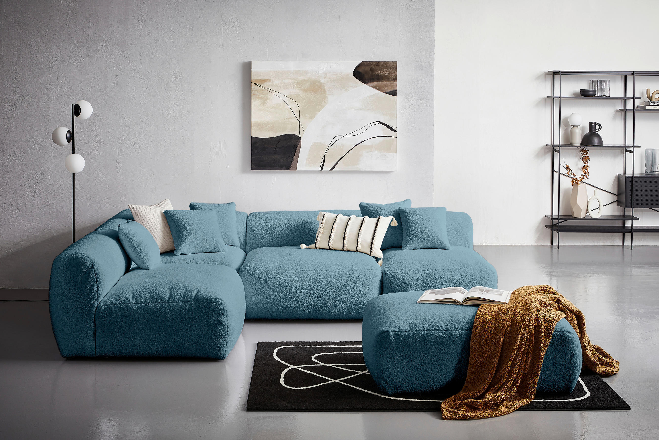 ECKSOFA inkl. Hocker in Flachgewebe, Teddystoff Blau  - Blau, Trend, Textil (215/300cm) - Livetastic