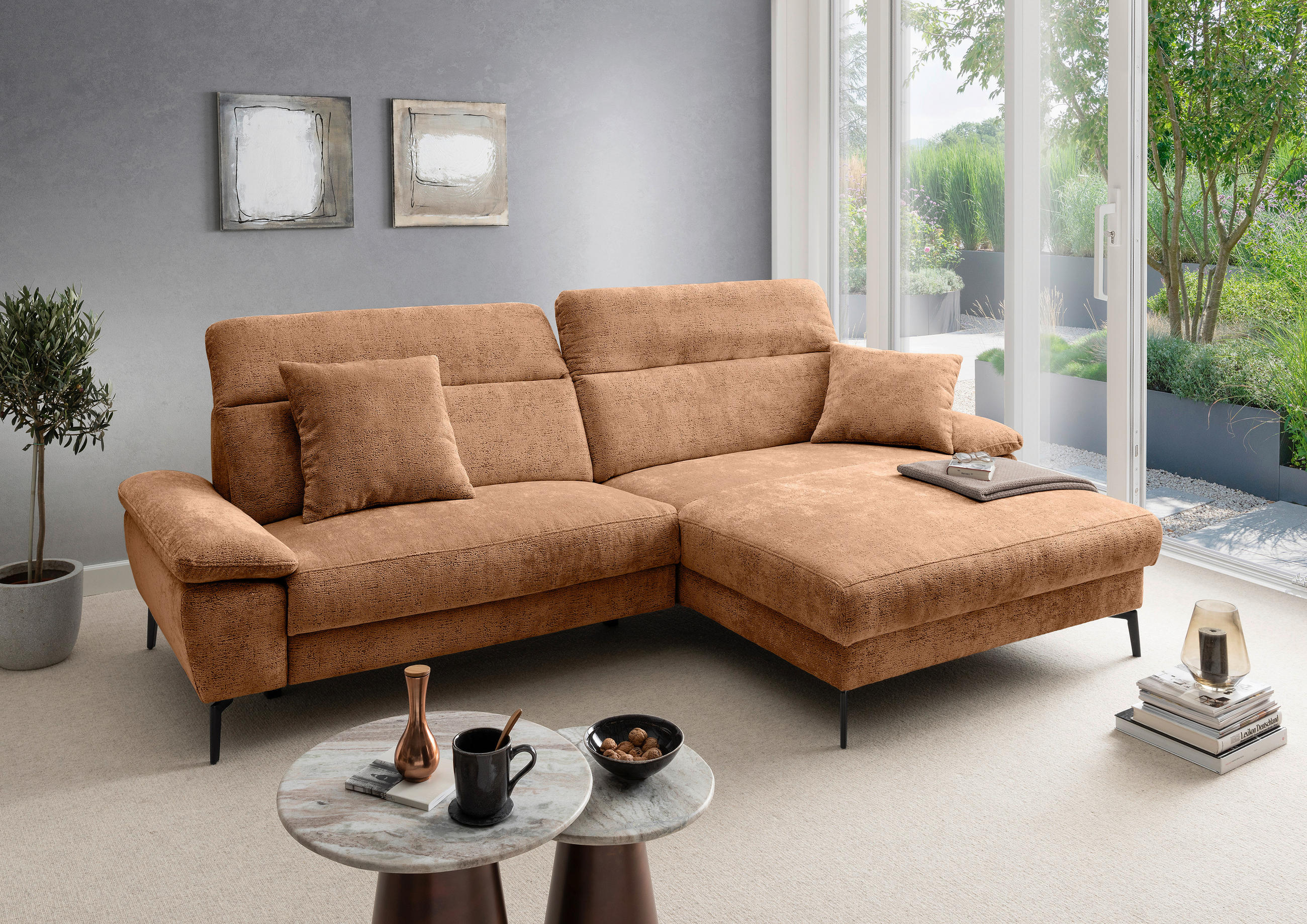ECKSOFA Chenille Koralle  - Koralle/Schwarz, Konventionell, Textil/Metall (300/178cm) - Livetastic