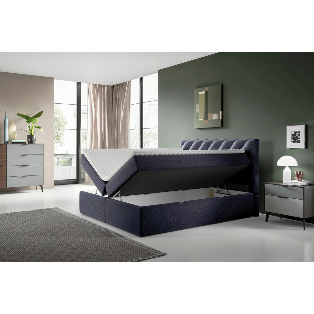 Thumbnail - Mid.you Boxbett, Blau, Textil, H2, Höhe ca. 19 cm, 140x200 cm, Topper durchgehend, Schlafzimmer, Betten, Boxspringbetten