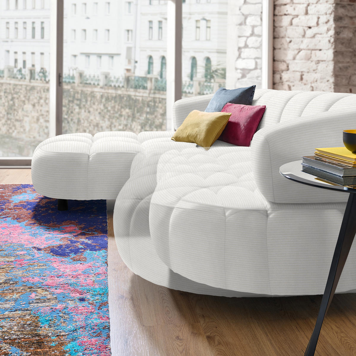 ECKSOFA in Cord, Velours Weiß  183/284 cm  - Schwarz/Weiß, Design, Holz/Textil (183/284cm) - Welnova