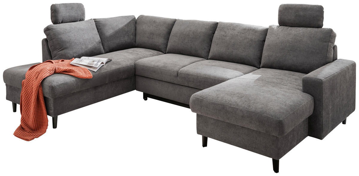 WOHNLANDSCHAFT in Chenille Dunkelgrau  - Dunkelgrau/Schwarz, Modern, Holz/Textil (200/305/153cm) - Livetastic