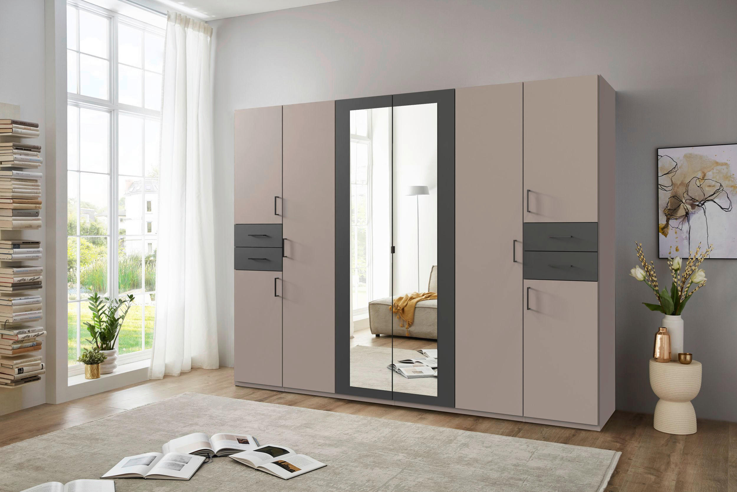 DREHTÜRENSCHRANK in Graphitfarben, Grau, Sahara  - Schwarz/Graphitfarben, Basics, Glas/Holzwerkstoff (270/208/58cm) - MID.YOU