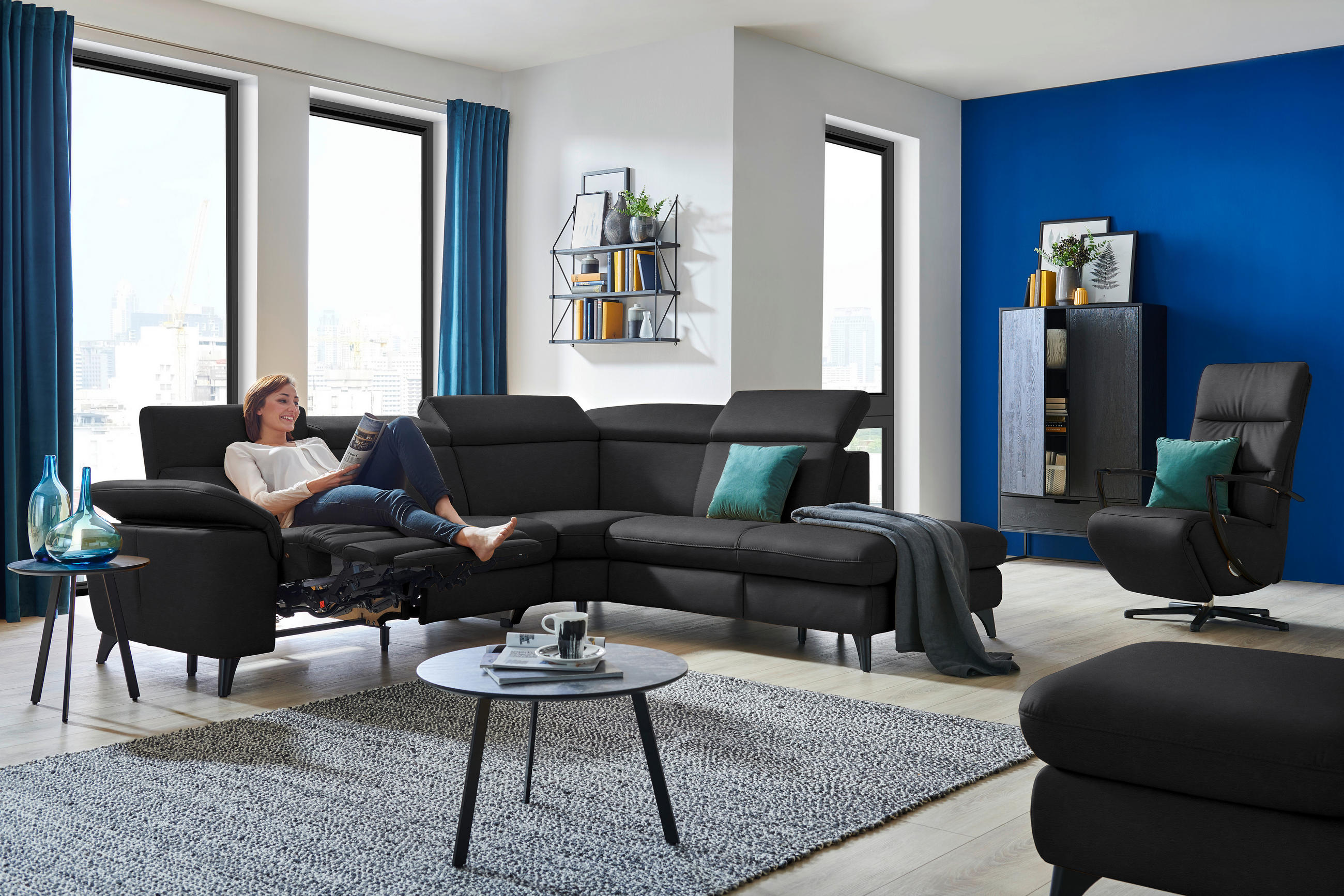 ECKSOFA in Echtleder Schwarz  - Schwarz, Design, Leder/Metall (285/239cm) - Cantus