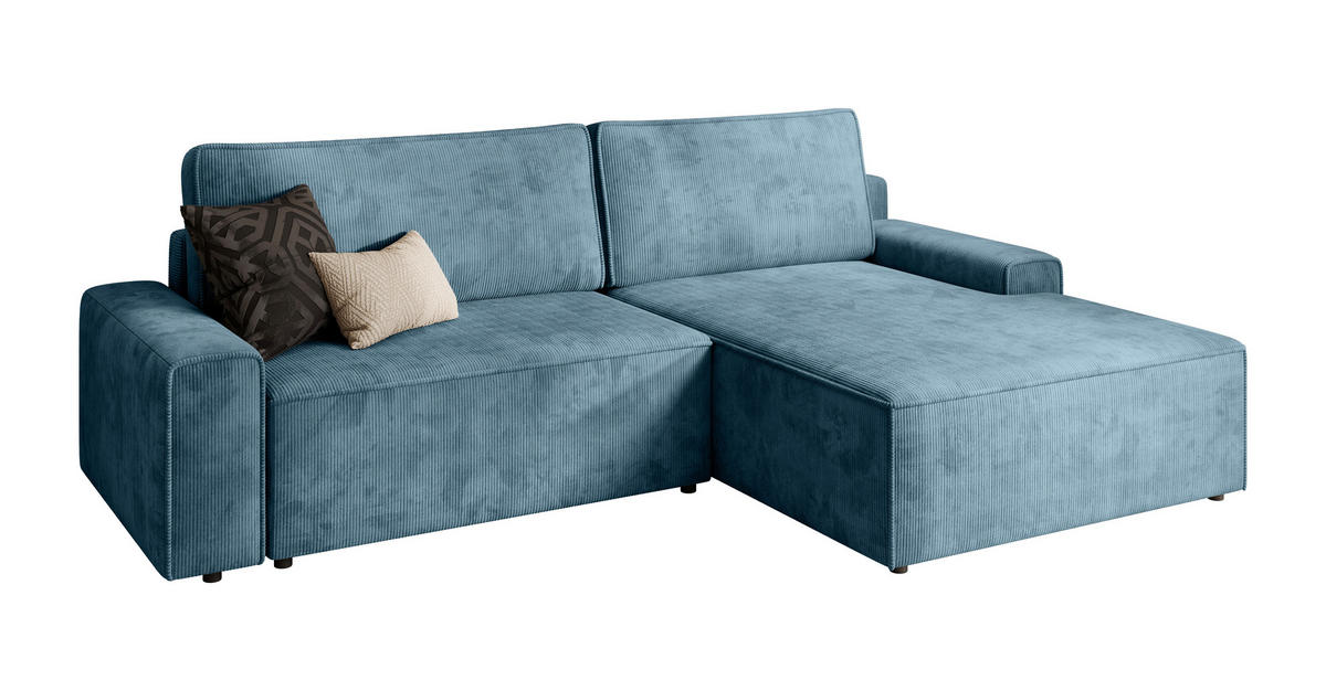 ECKSCHLAFSOFA CHALLANGE  mit Schlafen auf Sitzhöhe, Rücken echt, Armteil links, Armteil rechts Cord Blaugrau  - Blaugrau/Schwarz, MODERN, Kunststoff/Textil (246/168cm) - Trendmanufaktur