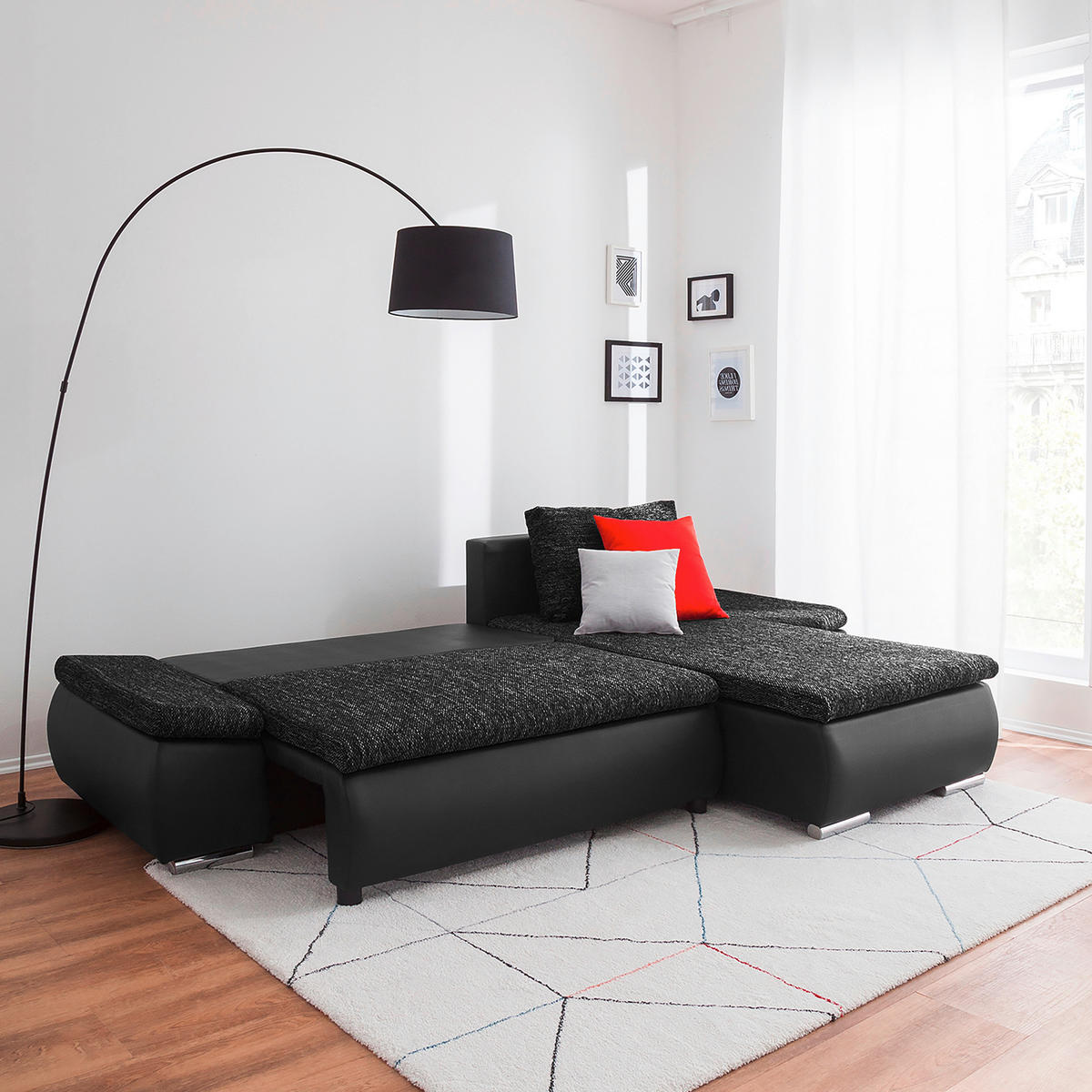 ECKSOFA Schwarz Textilgeflecht  - Chromfarben/Schwarz, Design, Textil (266/175cm) - Livetastic