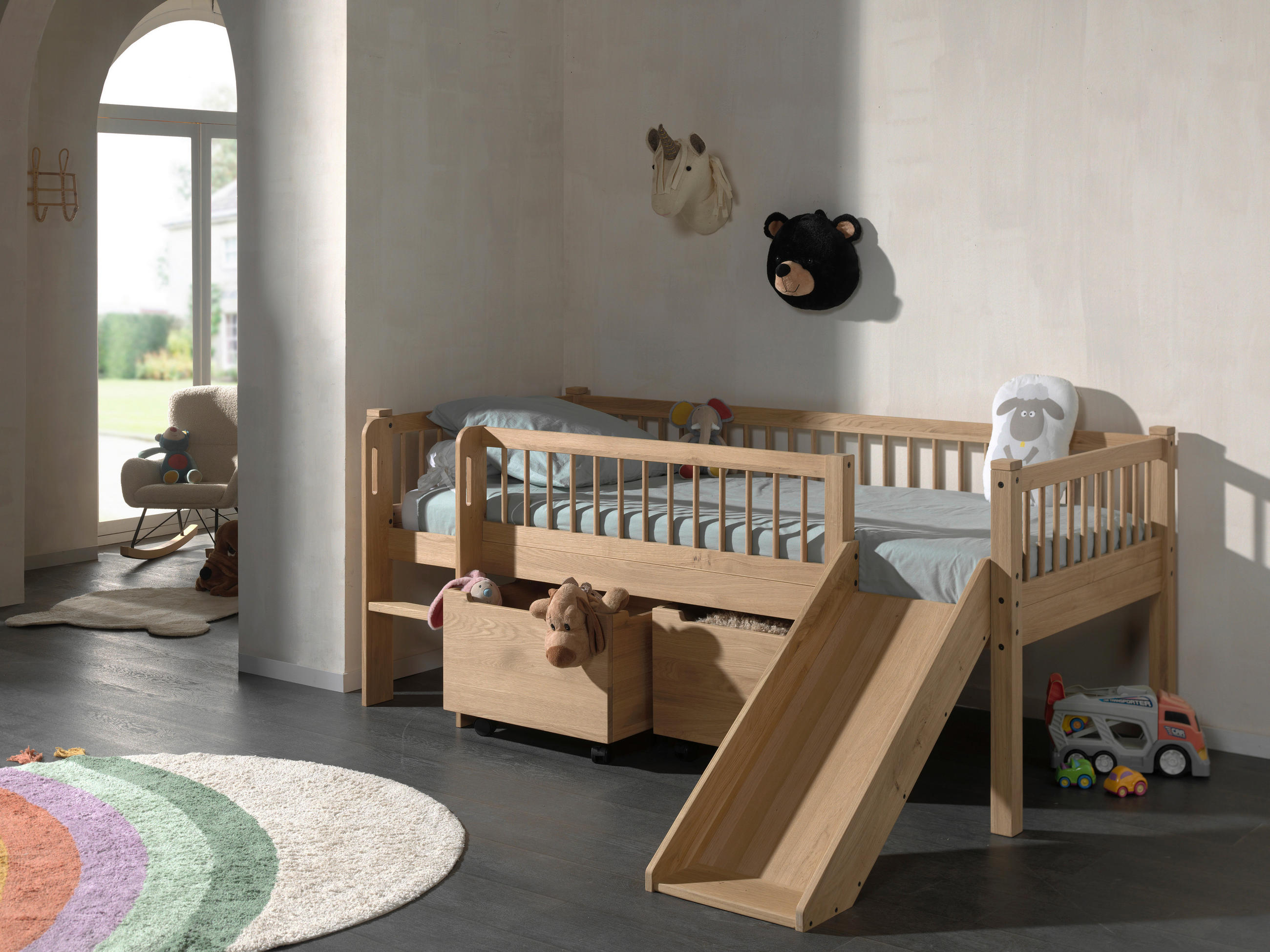 SPIELBETT Absturzsicherung, Leiter, Rutsche, Rollrost, Bettschublade 90/200 cm  in Eichefarben  - Eichefarben/Naturfarben, MODERN, Holz (90/200cm) - MID.YOU