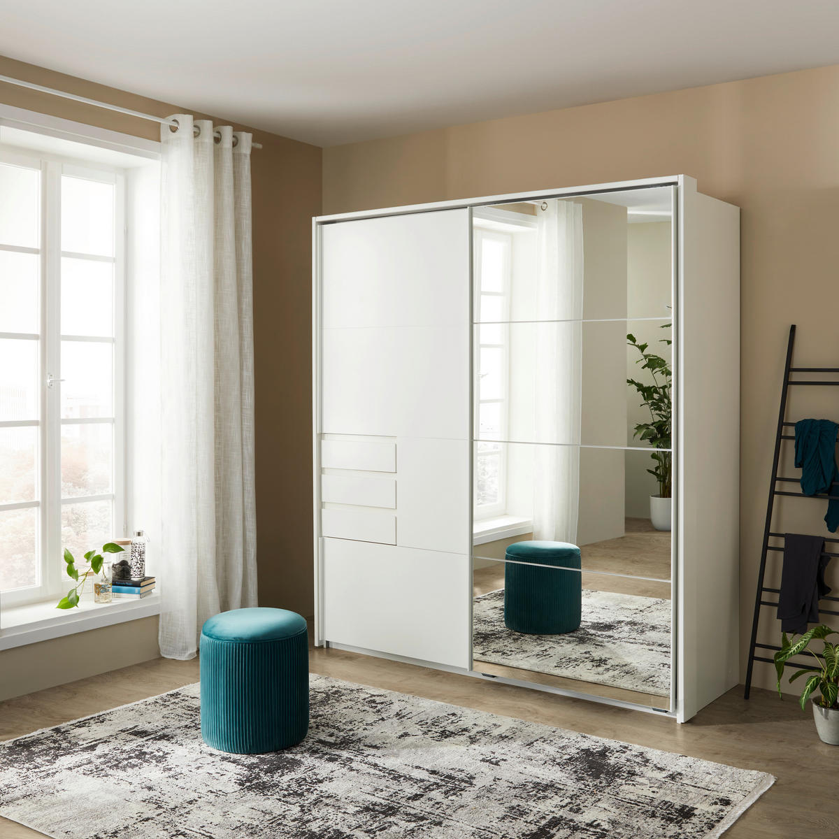 SCHWEBETÜRENSCHRANK 180/198/65 cm 2-türig Weiß  - Eichefarben/Schwarz, KONVENTIONELL, Glas/Holzwerkstoff (180/198/65cm) - MID.YOU
