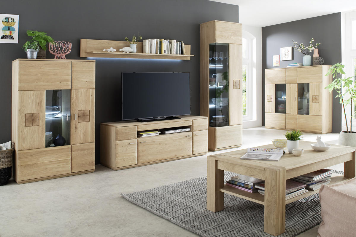 WOHNWAND  in Eichefarben 320/208/50 cm  - Eichefarben/Nickelfarben, Design, Glas/Holz (320/208/50cm) - Livetastic