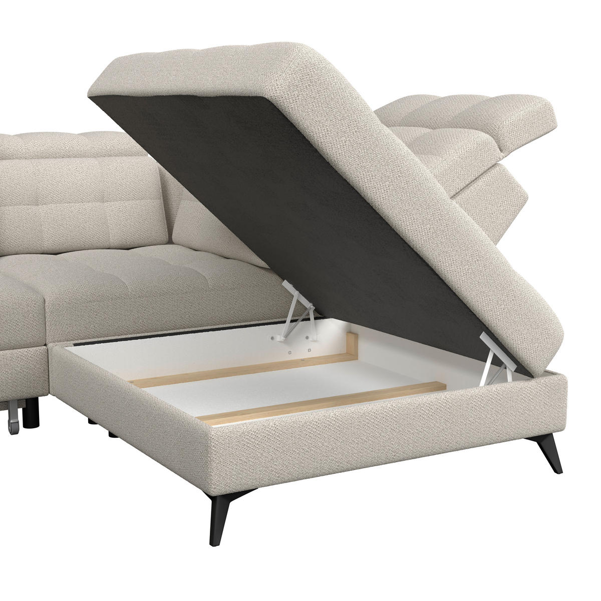 ECKSOFA BARLETTA NEW Greige Velours Bettkasten, Kopfteilverstellung, Sitztiefenverstellung, Liegefläche im Originalstoff  - Greige/Schwarz, ROMANTIK / LANDHAUS, Textil/Metall (289/228cm) - MID.YOU