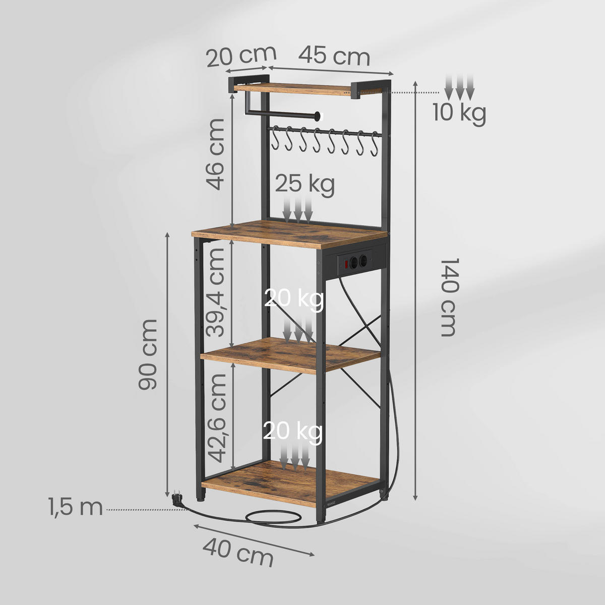 KÜCHENREGAL  - Dunkelbraun/Schwarz, Trend, Holzwerkstoff/Metall (45/140/40cm) - Boxxx